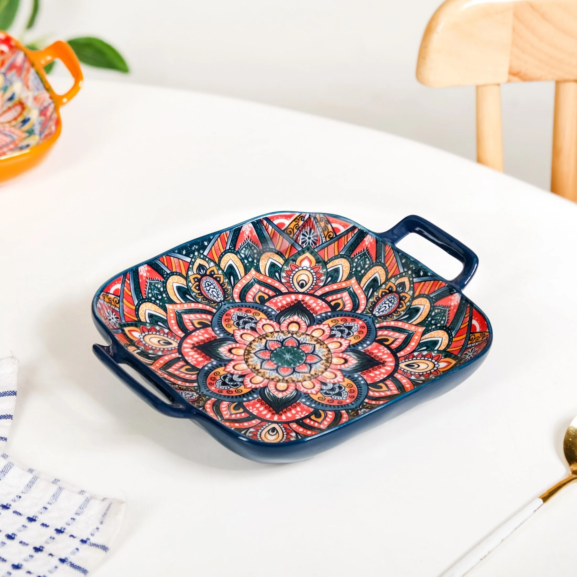 Mandala Melange Ceramic Serving Platter Dish Square Blue - Image 9