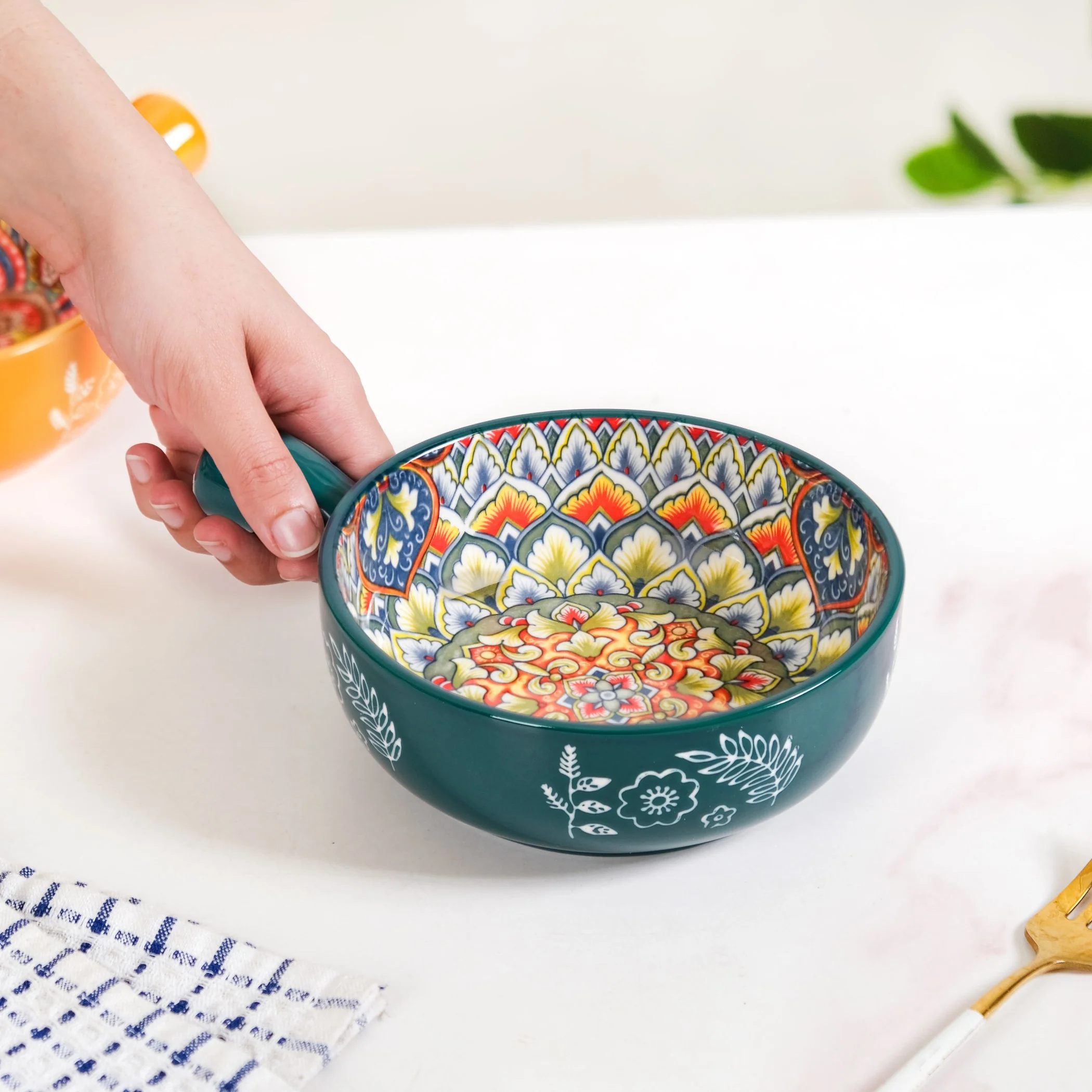 Mandala Melange Dish Bowl With Handle Green 600ml - Image 2