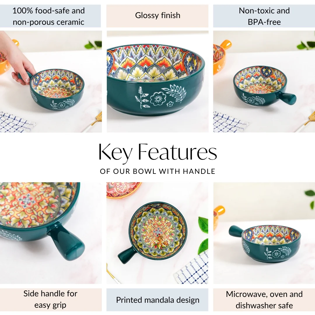 Mandala Melange Dish Bowl With Handle Green 600ml - Image 4