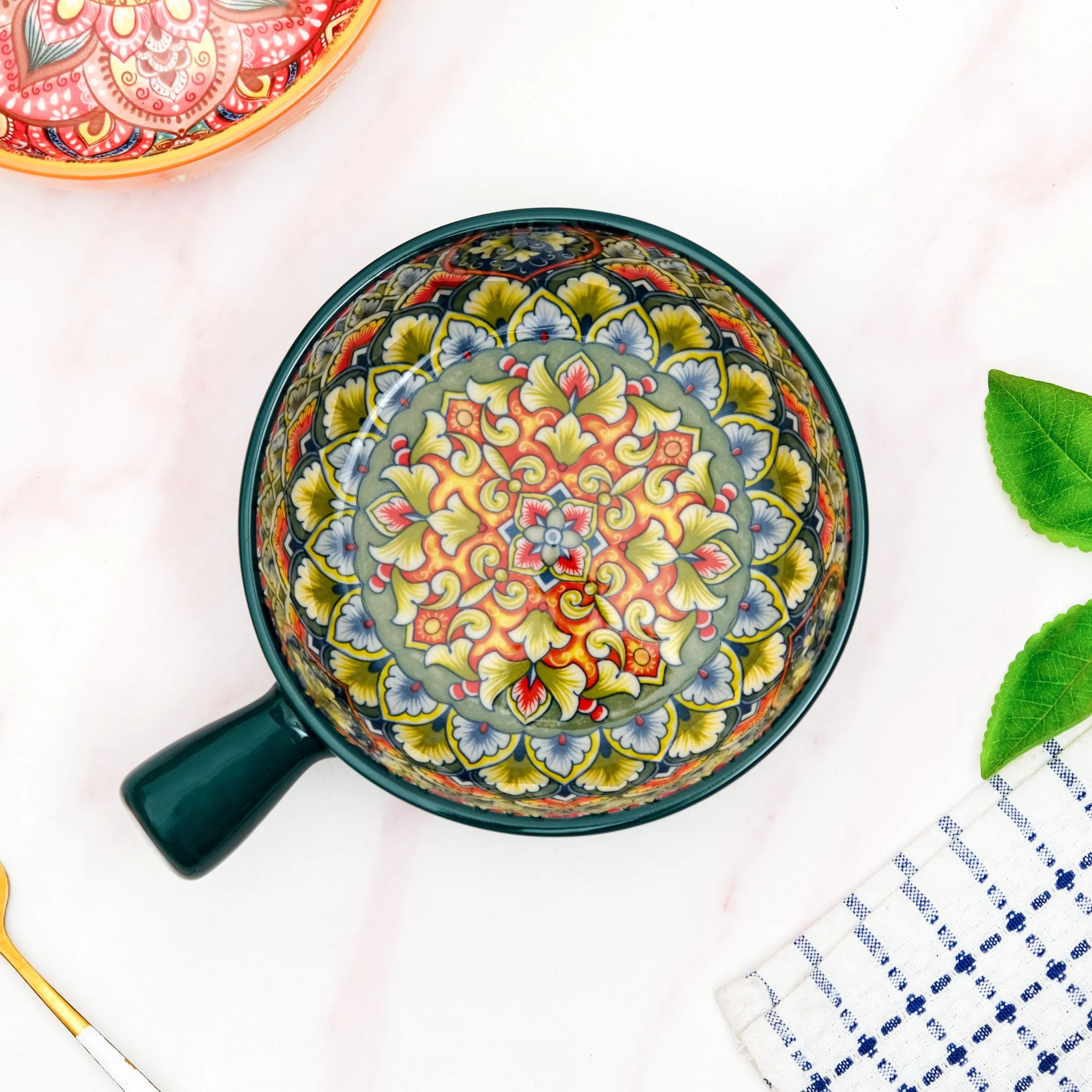 Mandala Melange Dish Bowl With Handle Green 600ml - Image 7