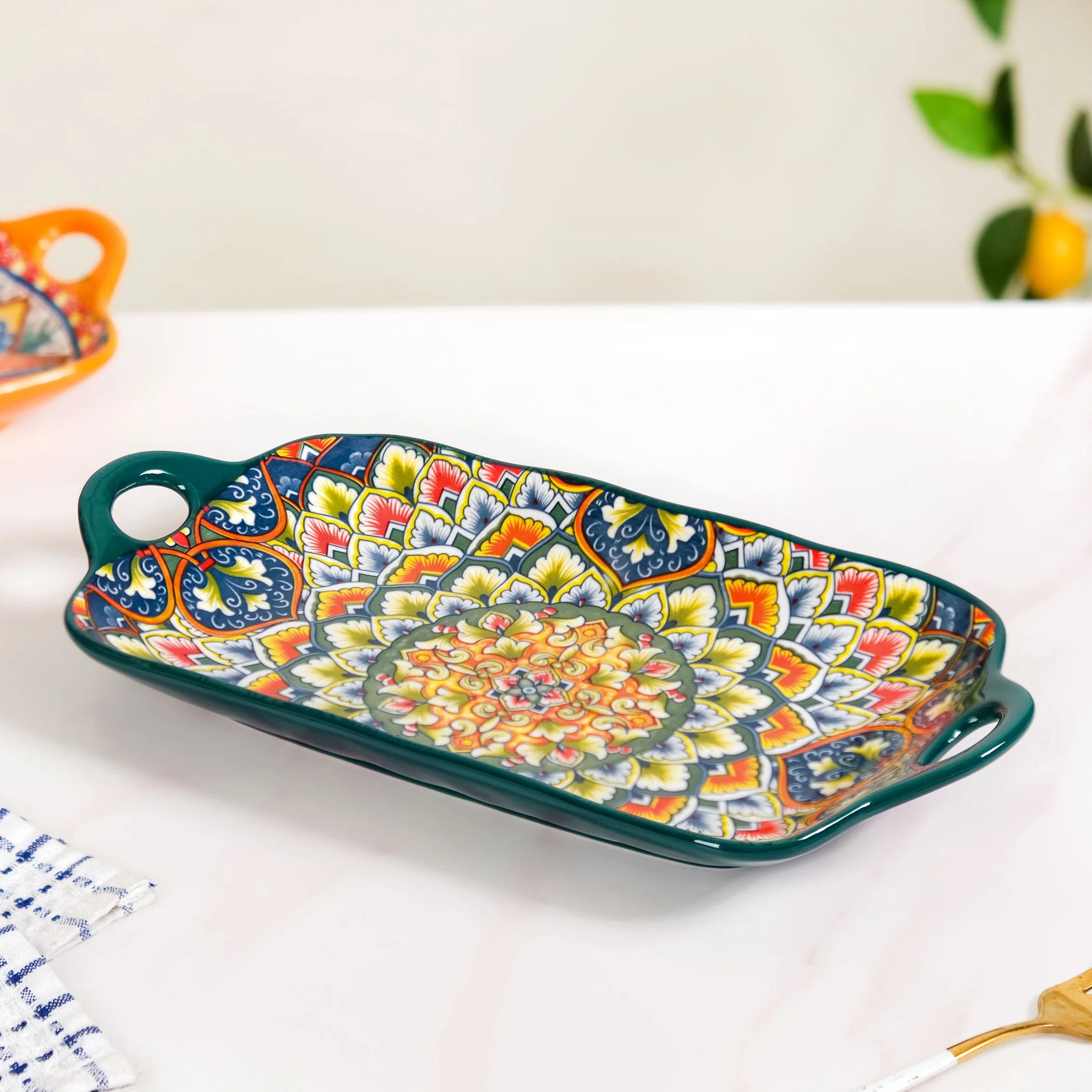 Mandala Melange Long Platter Dish Green - Image 2