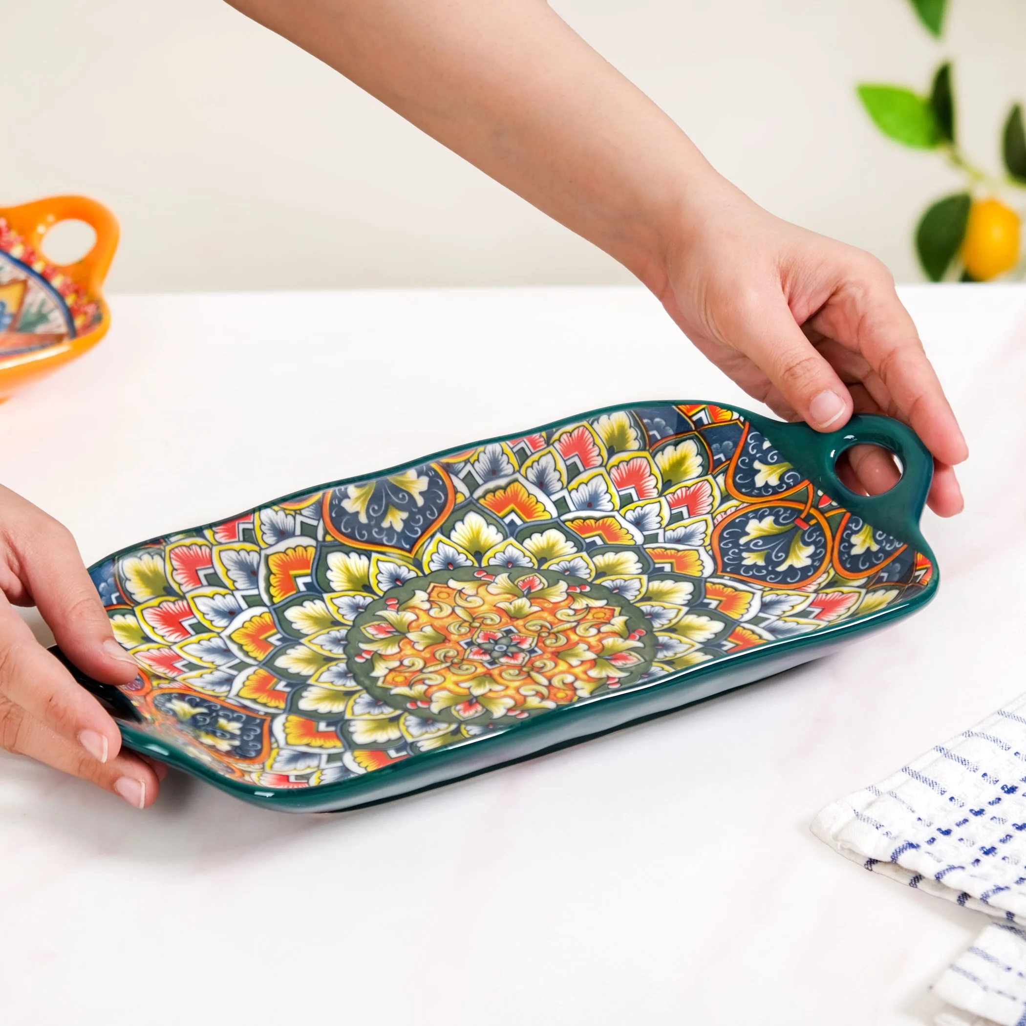 Mandala Melange Long Platter Dish Green - Image 3