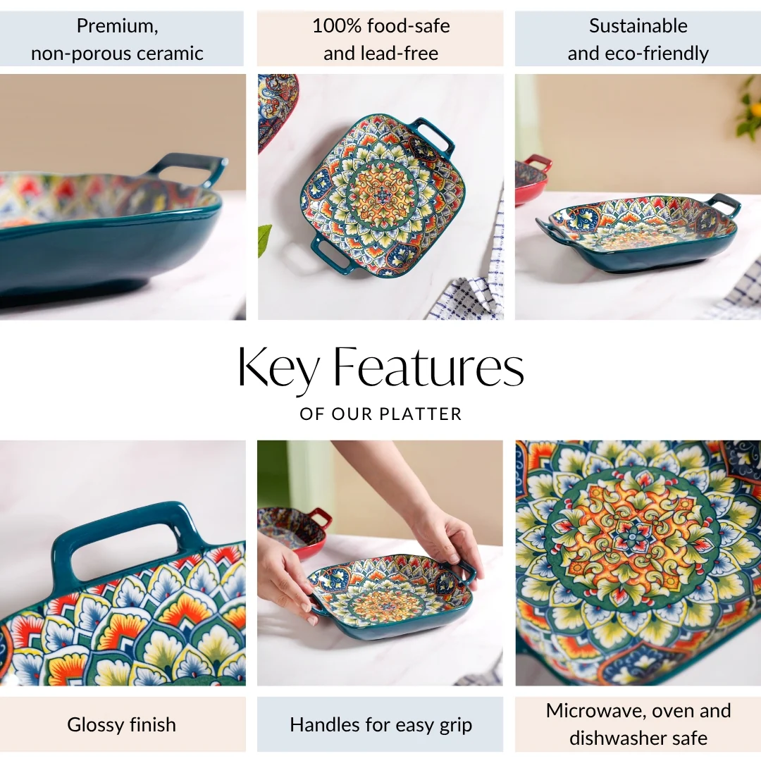 Mandala Melange Serving Platter With Handle Green - Image 4