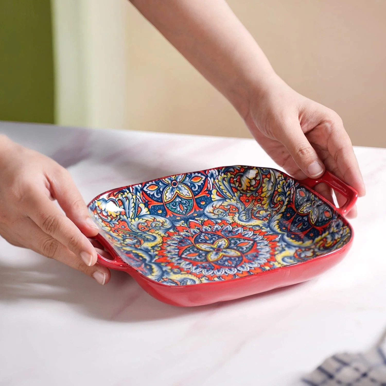 Mandala Melange Serving Platter With Handle Red - Image 2