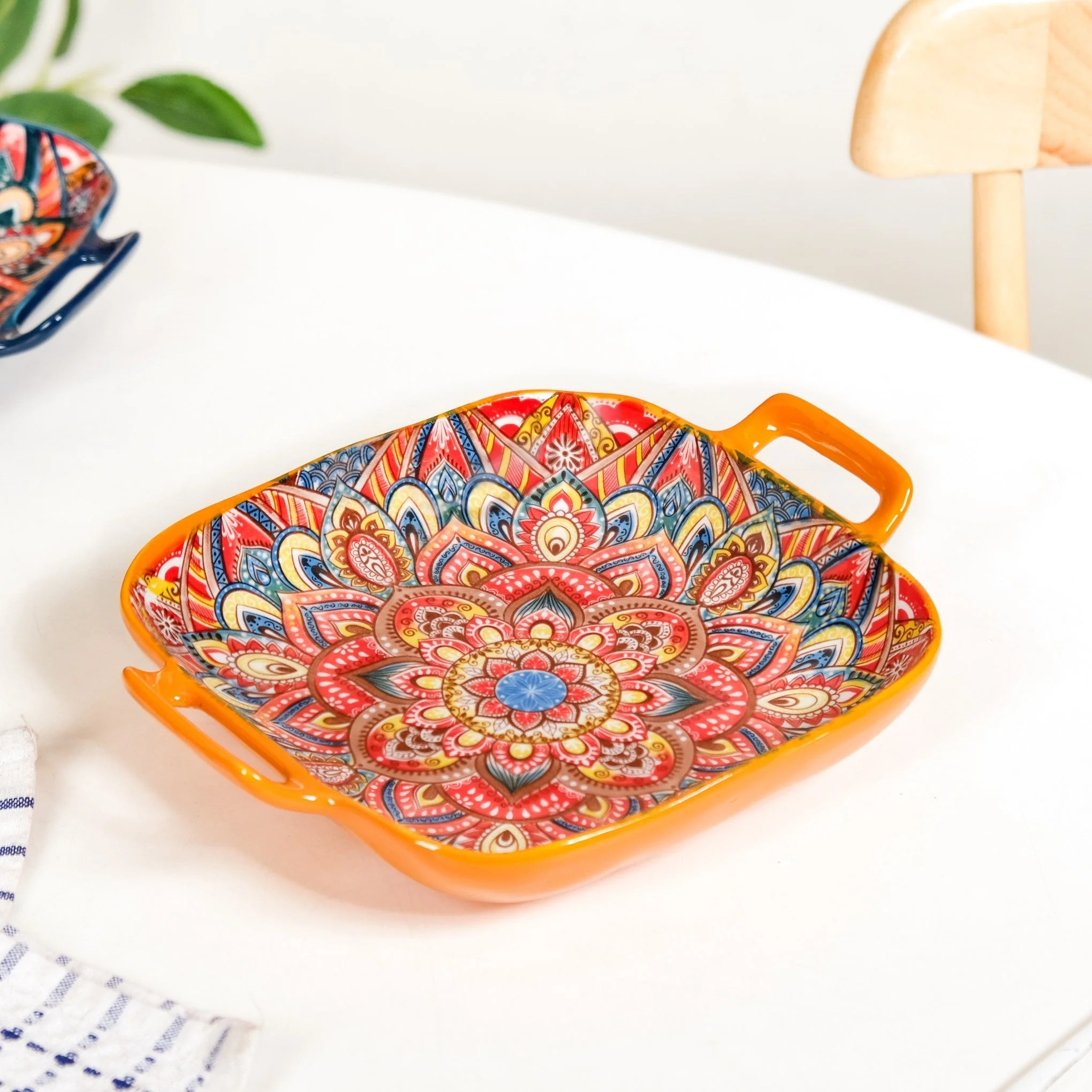 Mandala Melange Square Ceramic Serving Platter Orange