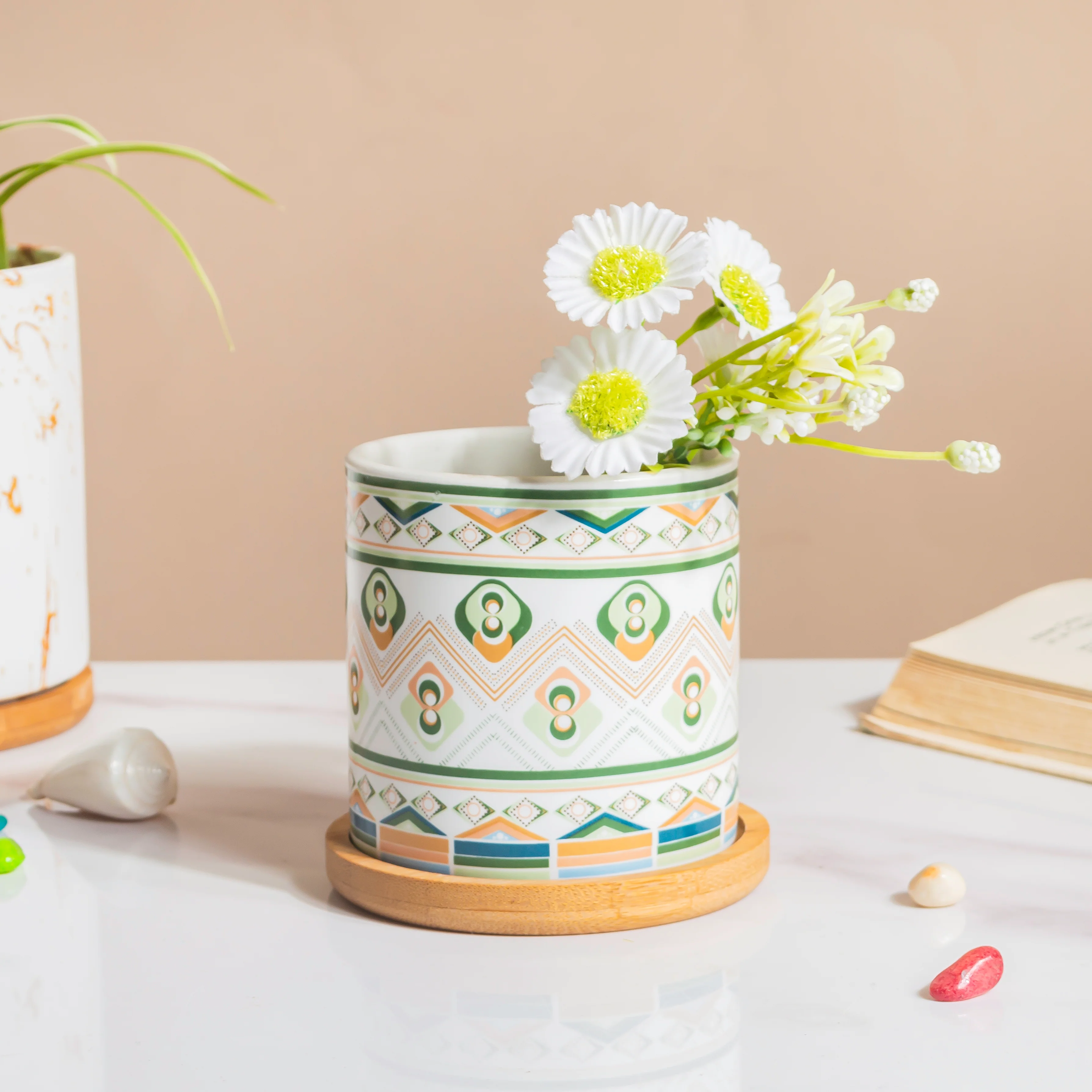 Mandala Print Ceramic Planter Green With Wooden Coaster - Image 2