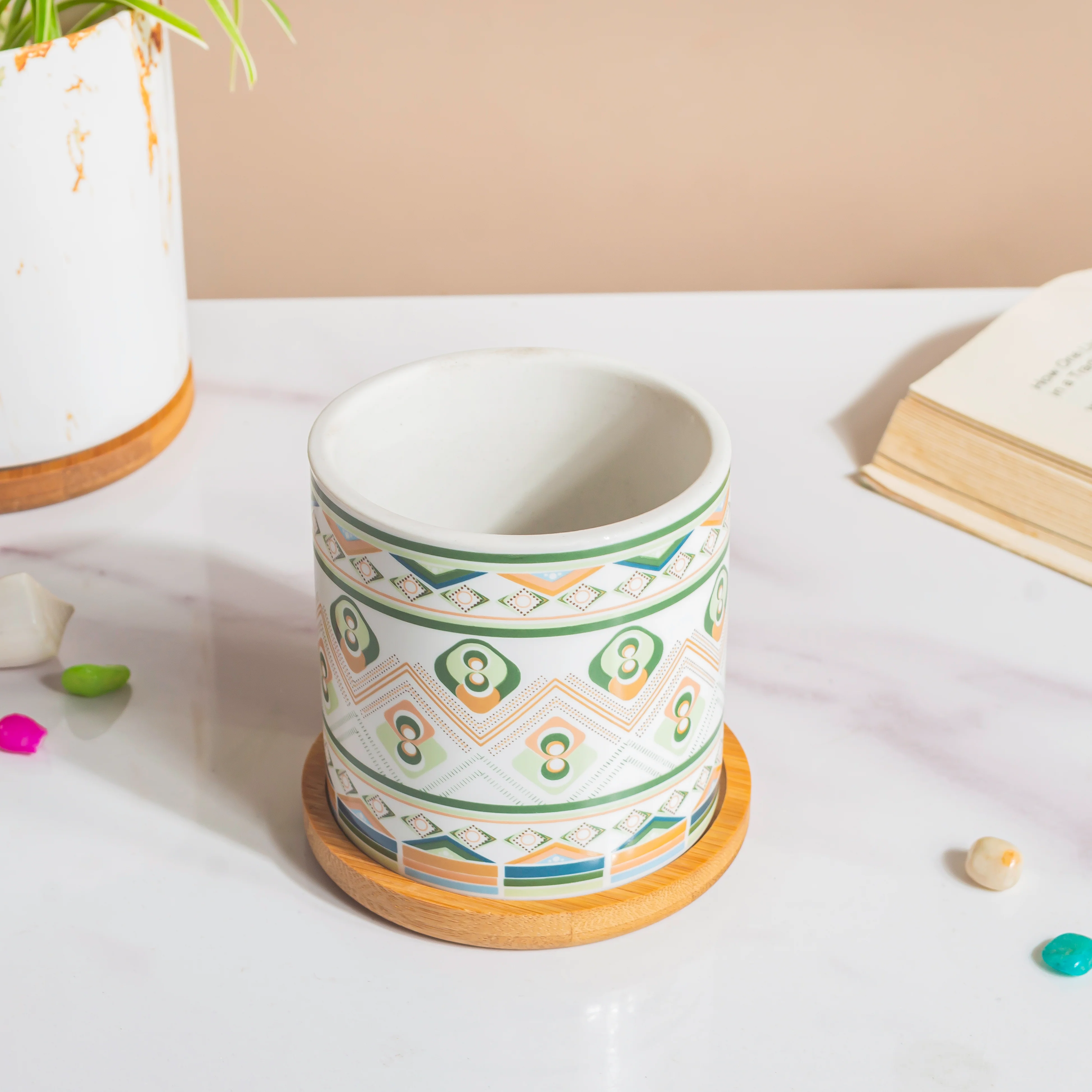 Mandala Print Ceramic Planter Green With Wooden Coaster - Image 4
