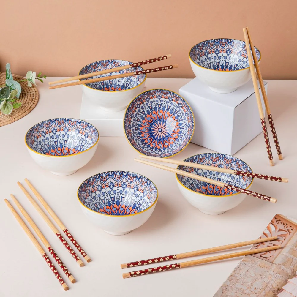 Mandala Snacking Bowl And Chopstick Oceanic Blue Set Of 6