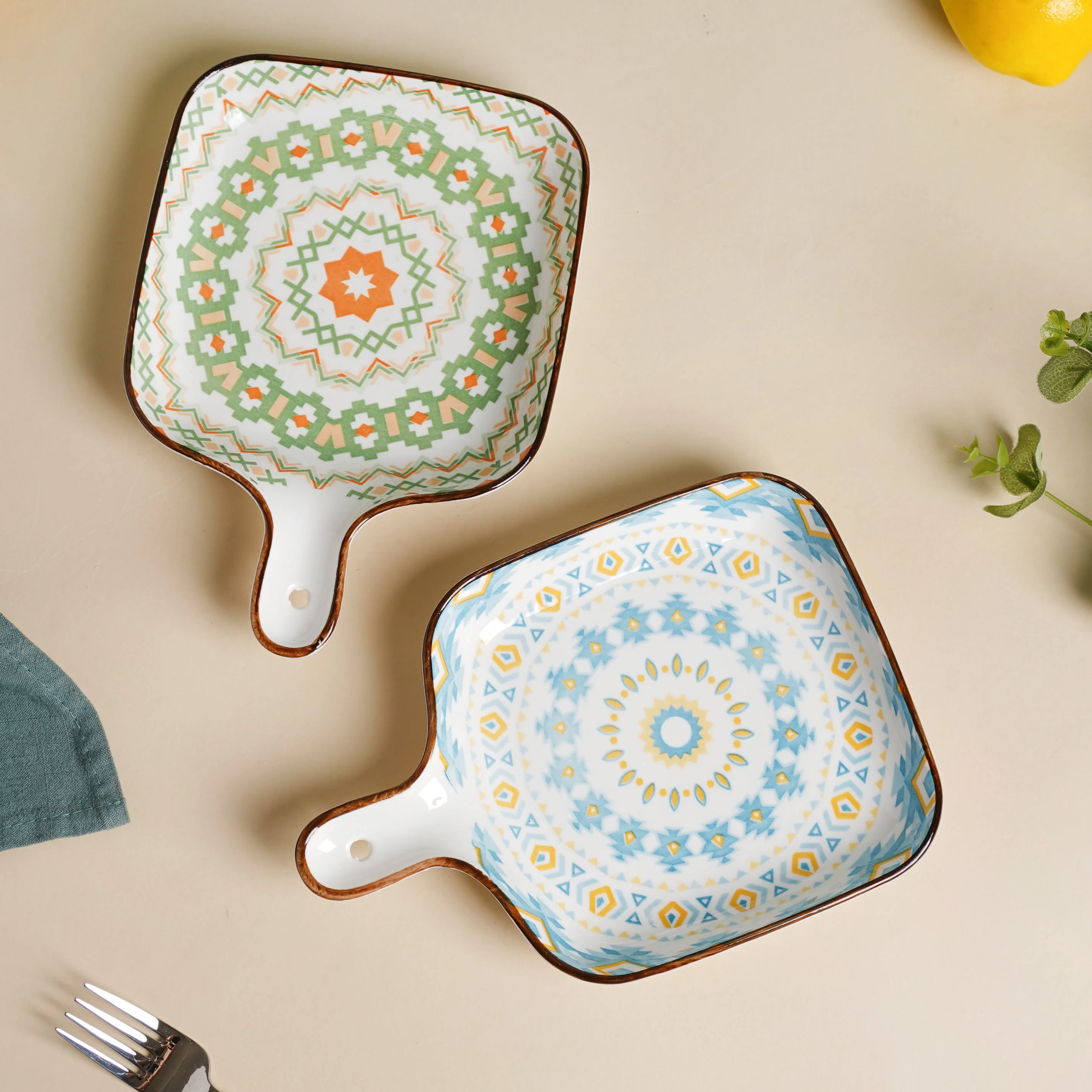 Mandala Yellow Diamonds Square Snack Plate With Handle - Image 5