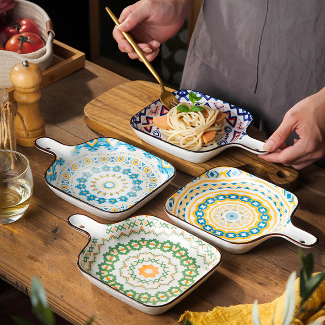 Mandala Yellow Spiral Square Ceramic Plate With Handle - Image 3