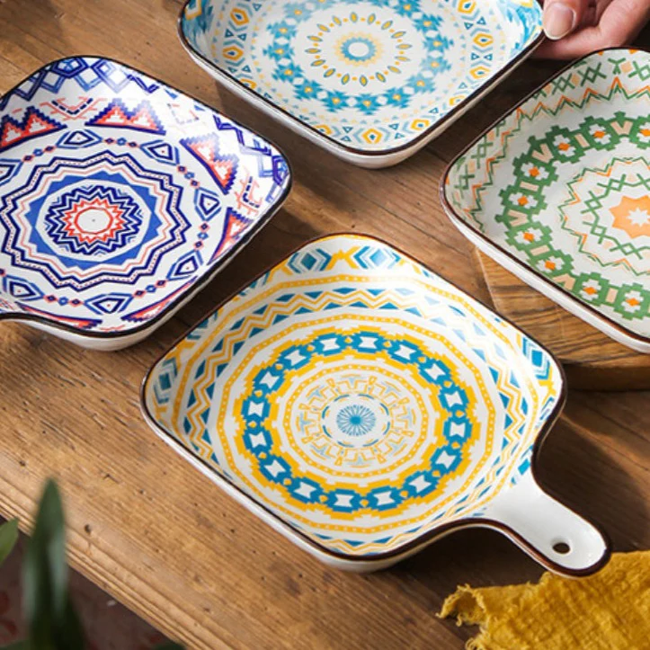 Mandala Yellow Spiral Square Ceramic Plate With Handle - Image 4