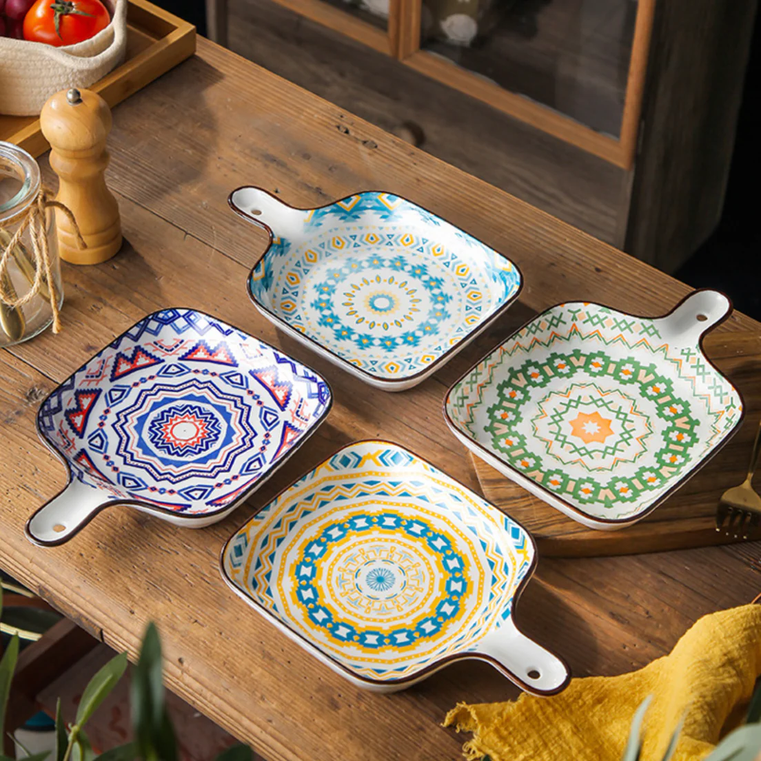 Mandala Yellow Spiral Square Ceramic Plate With Handle - Image 5