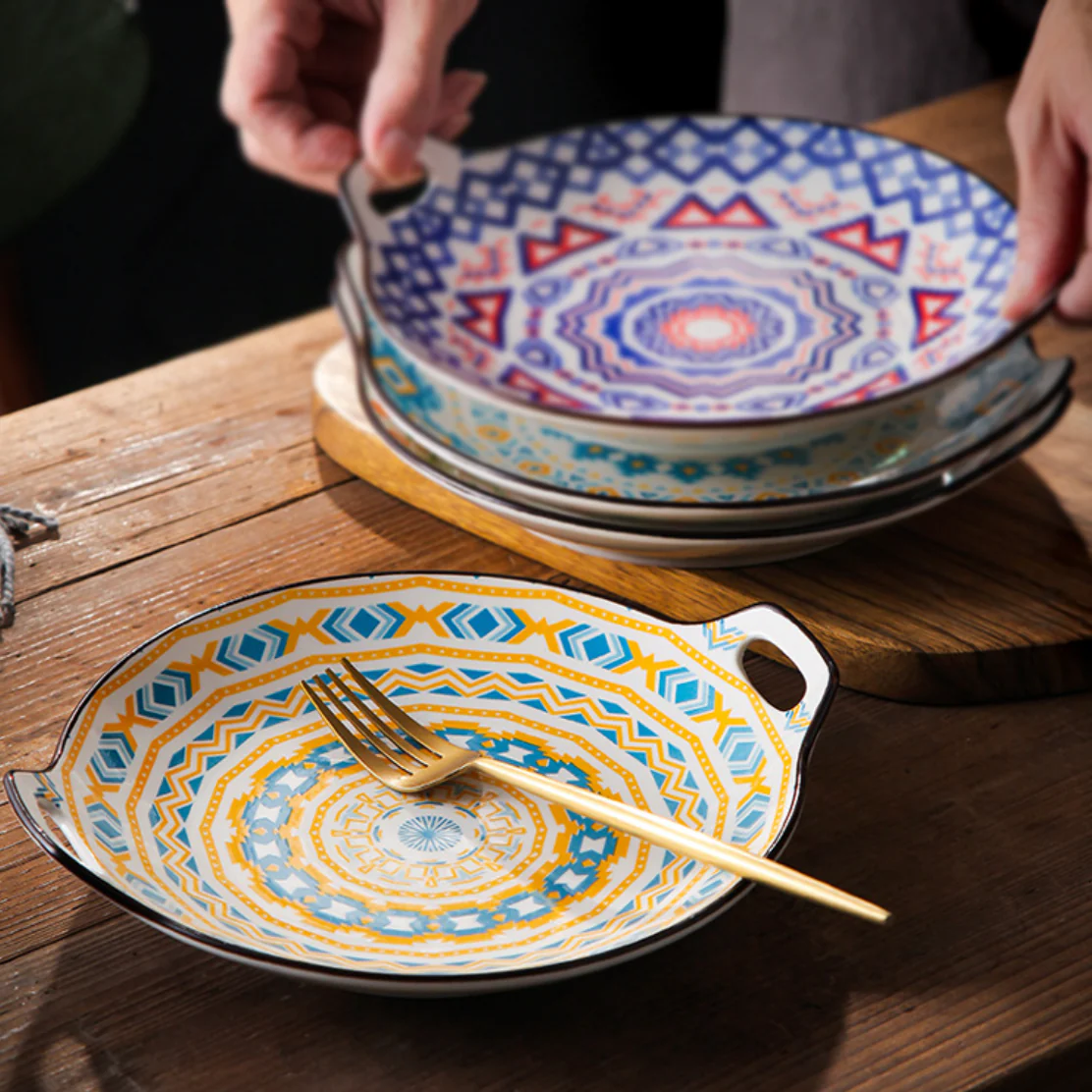 Mandala Yellow Spirals Round Baking Plate With Handle - Image 2