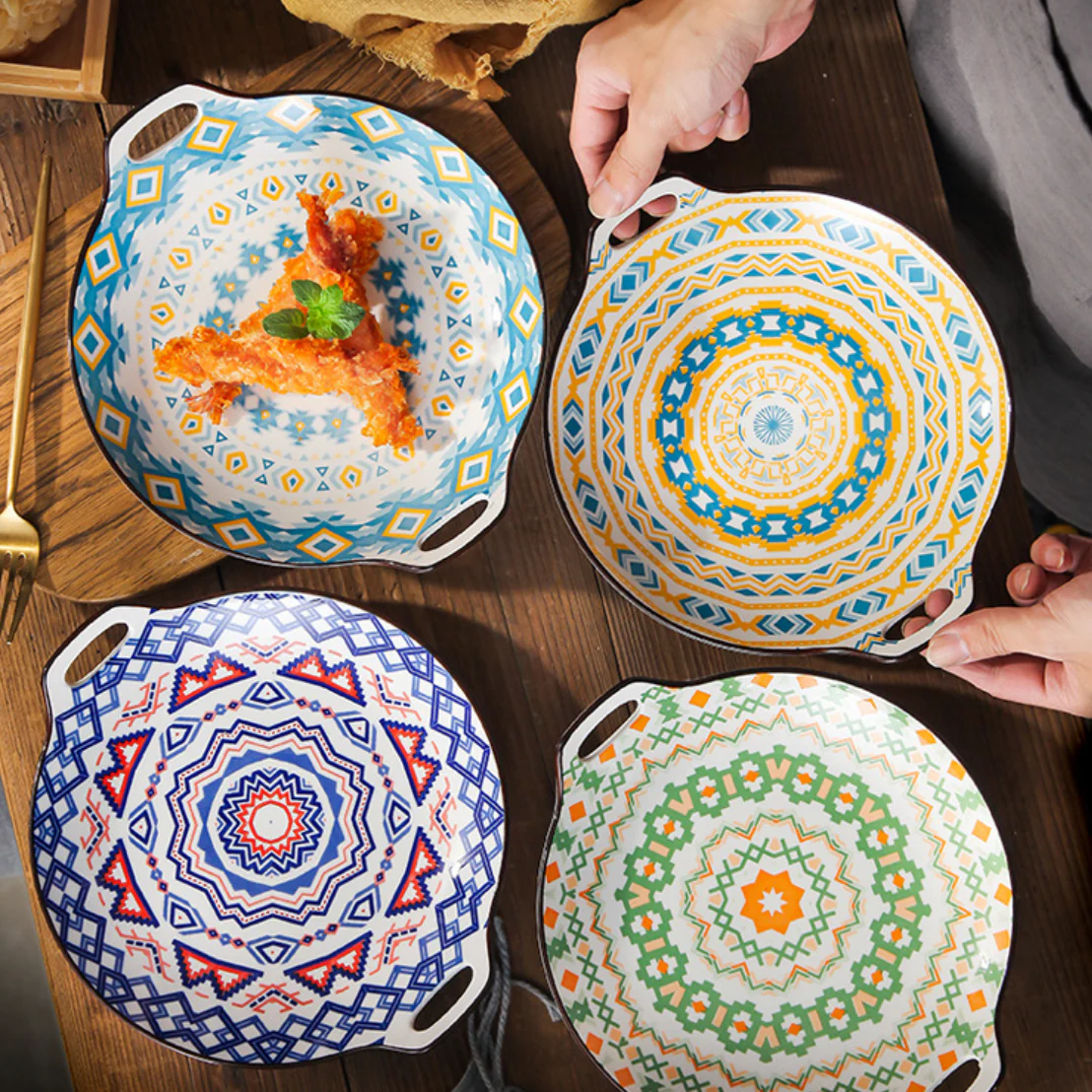 Mandala Yellow Spirals Round Baking Plate With Handle - Image 4