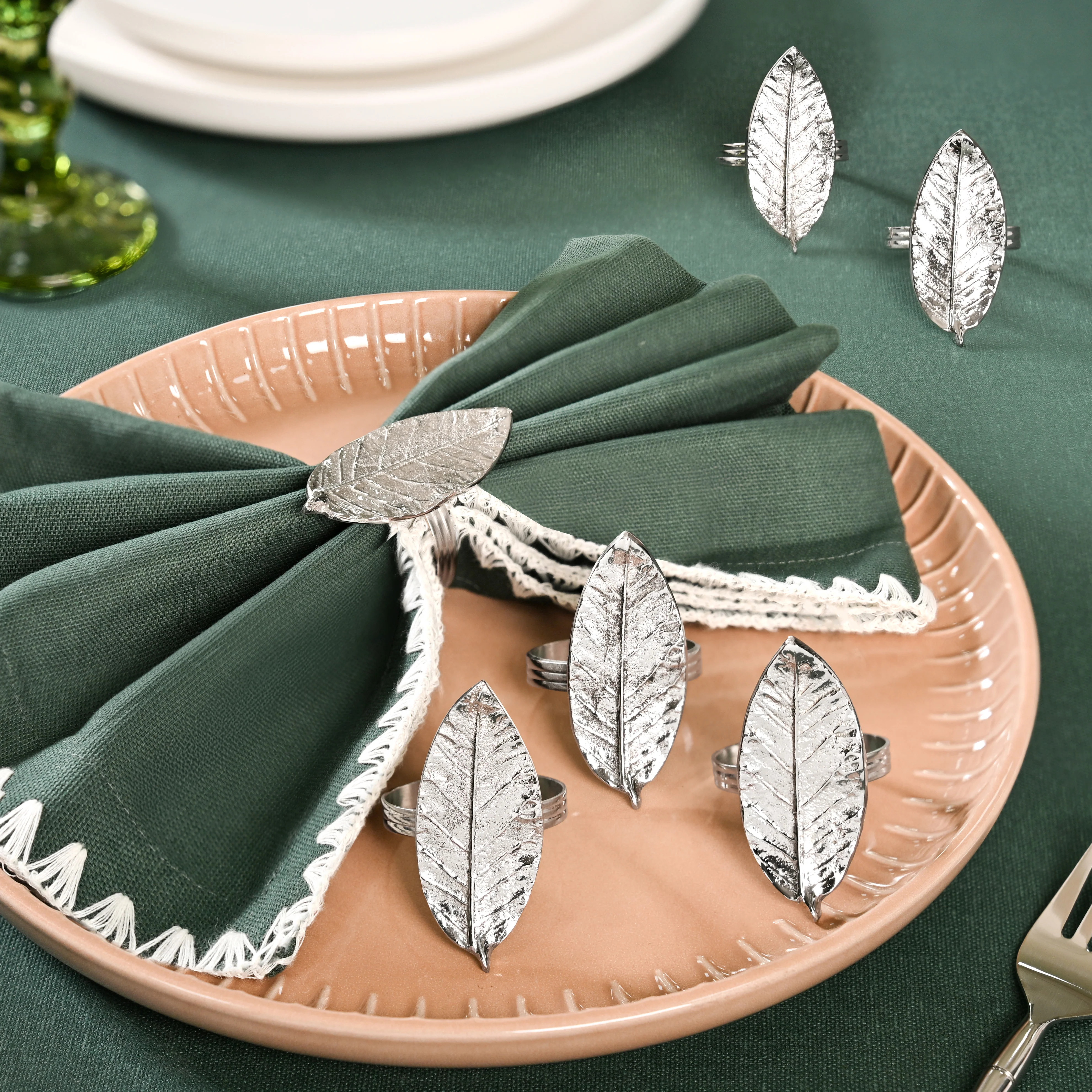 Mango Leaf Pure Brass Napkin Ring Set Of 6 Silver