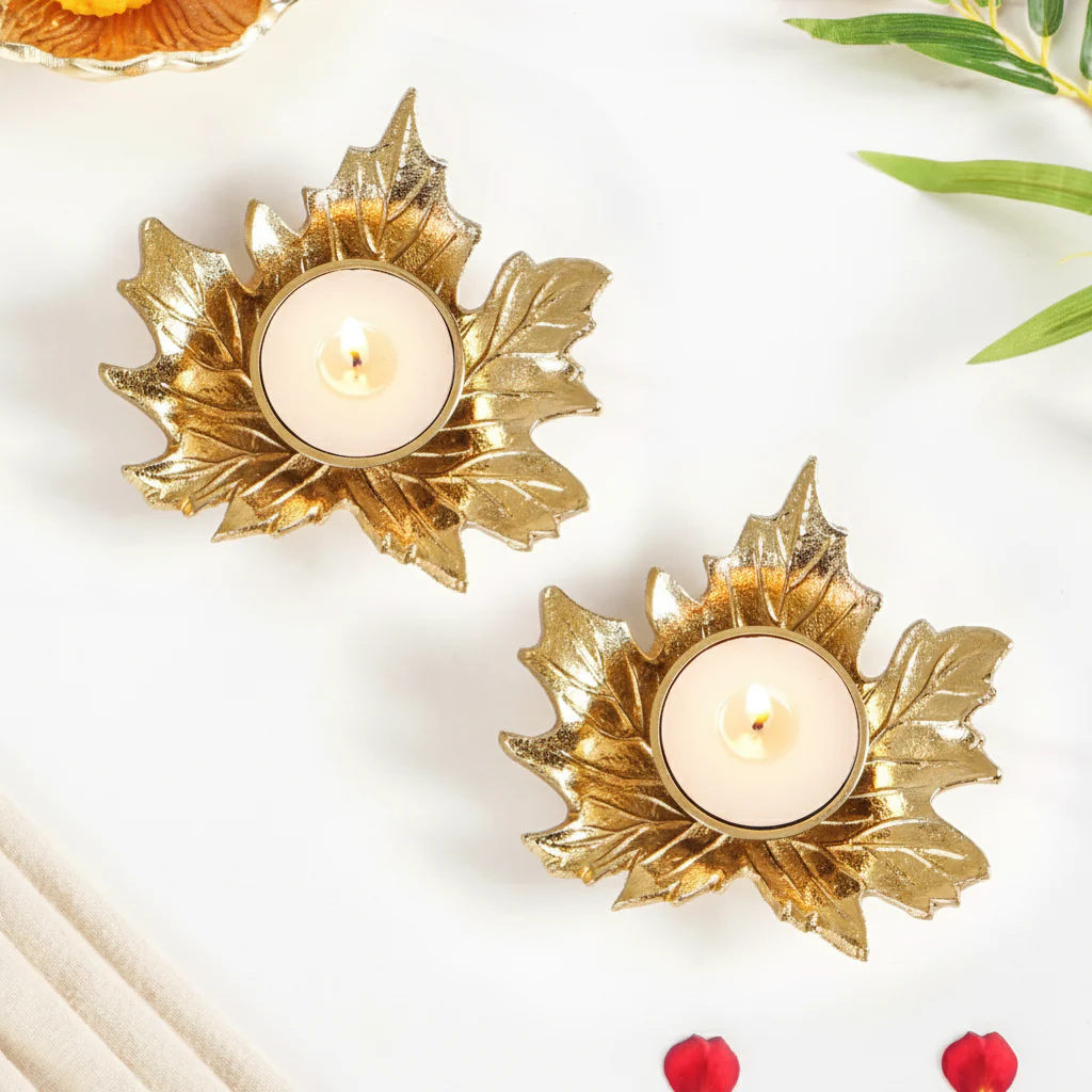 Maple Glow Aluminium Tealight Holder Set Of 2 In Festive Gift Box