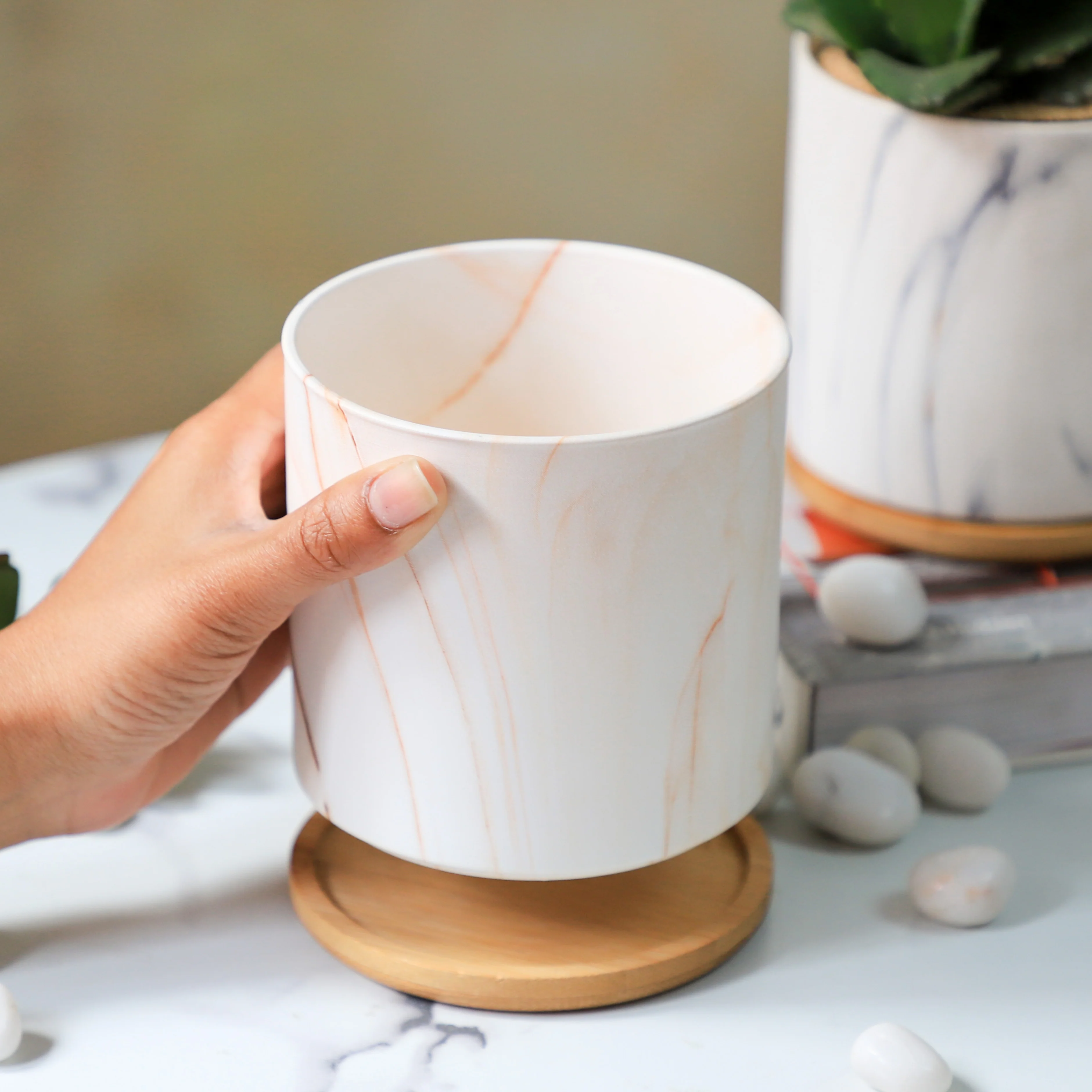 Marble Aura Planter Pot With Coaster Set Of 2 - Image 4