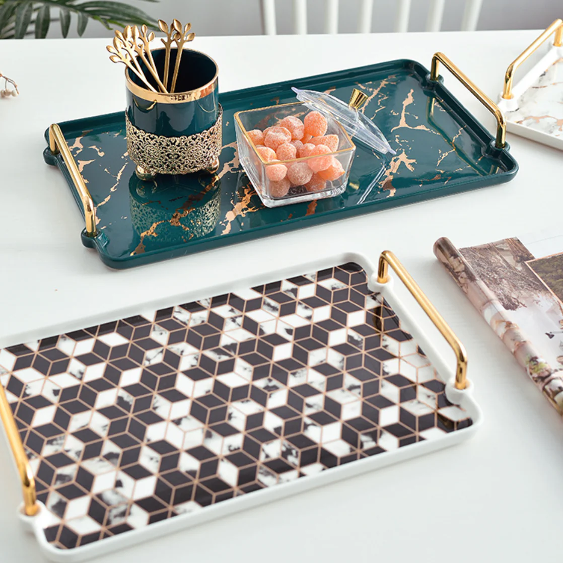 Marble Finish Tray With Handle - Image 2