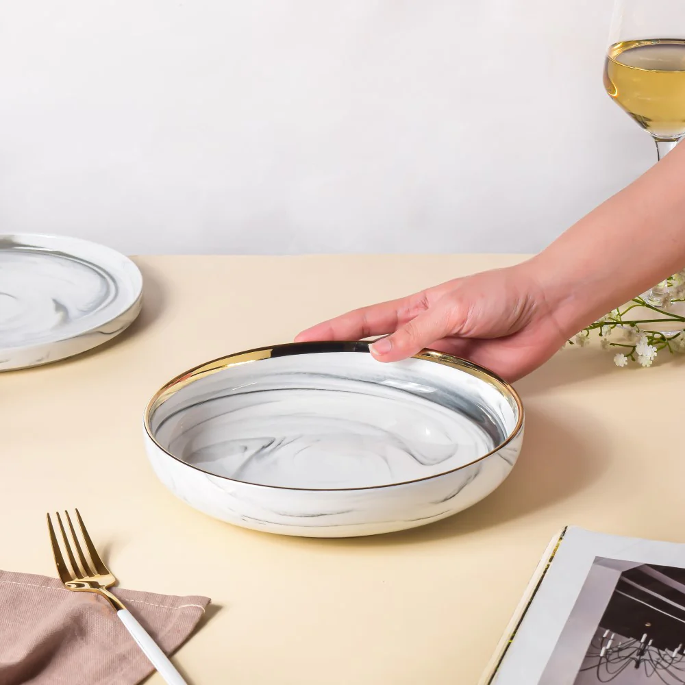 Marble Patterned Ceramic Deep Plate Grey 8 Inch - Image 2