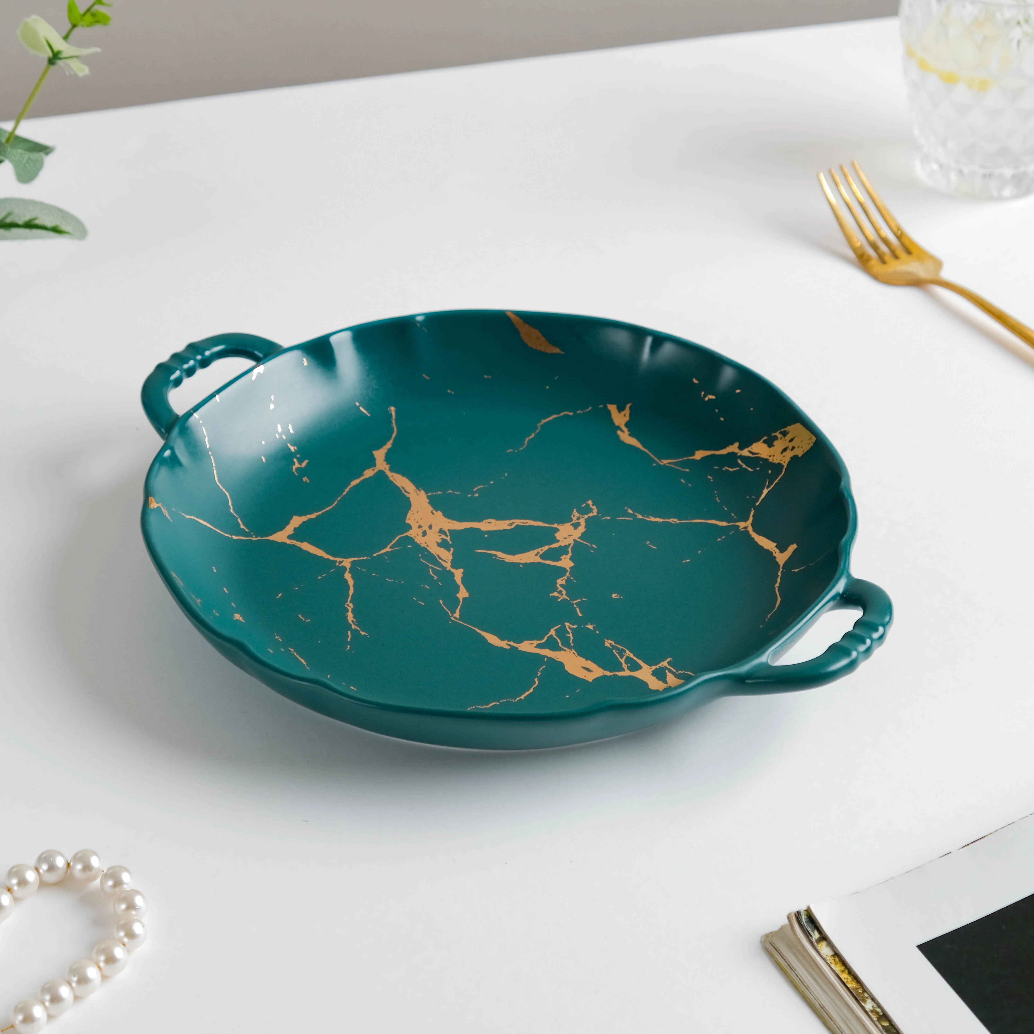 Marble Plate With Handles 8.5 Inch Green