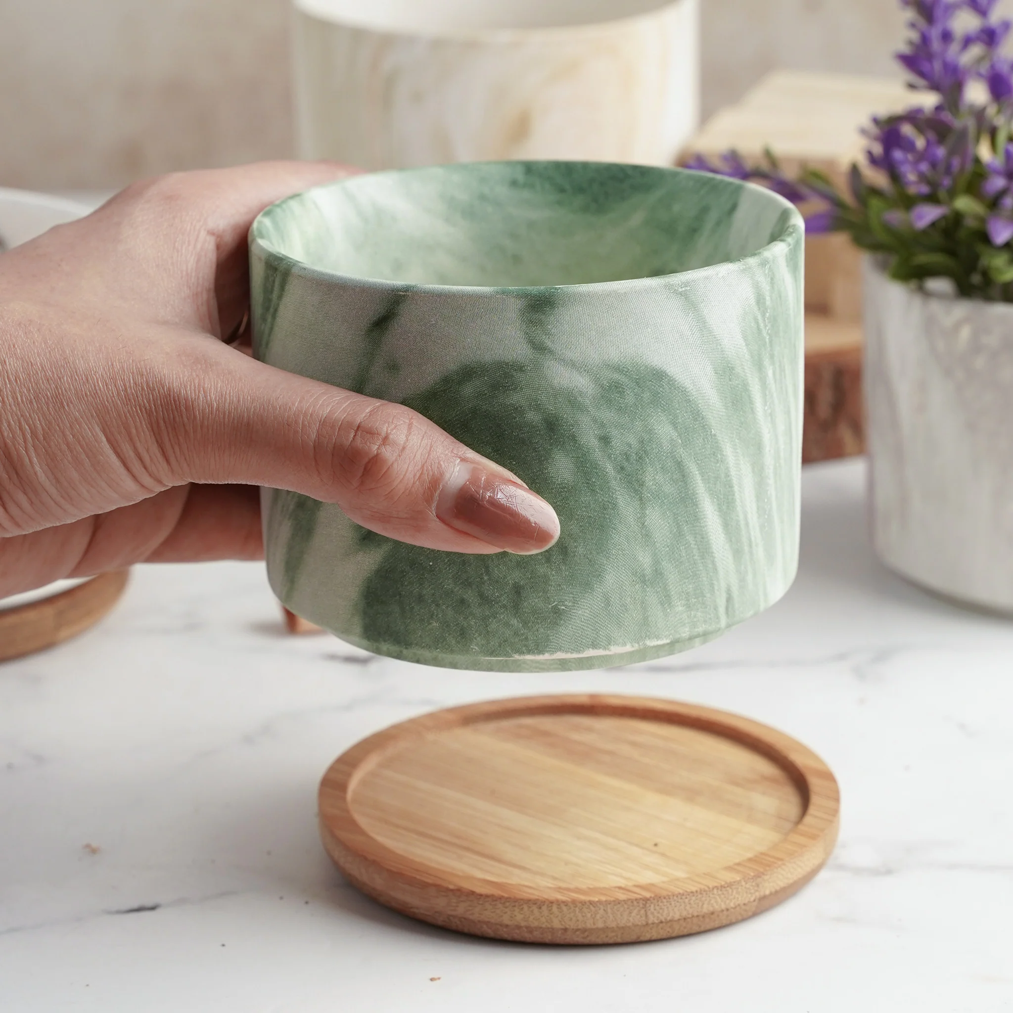 Marbleous Ceramic Flower Planter With Coaster Set Of 4 - Image 12