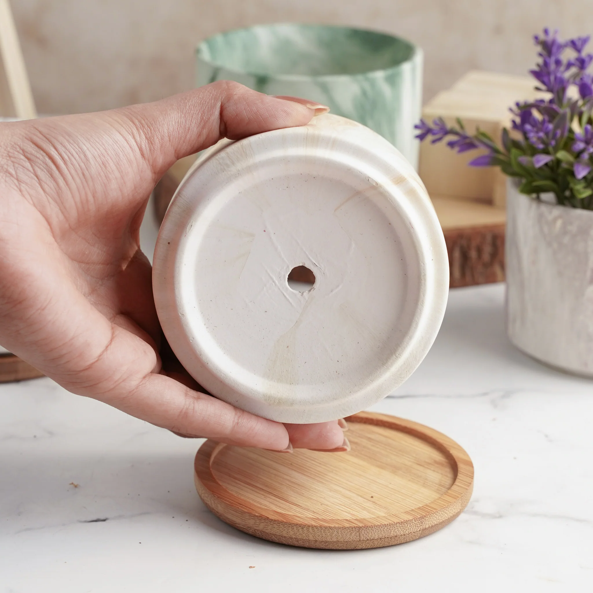 Marbleous Ceramic Flower Planter With Coaster Set Of 4 - Image 6