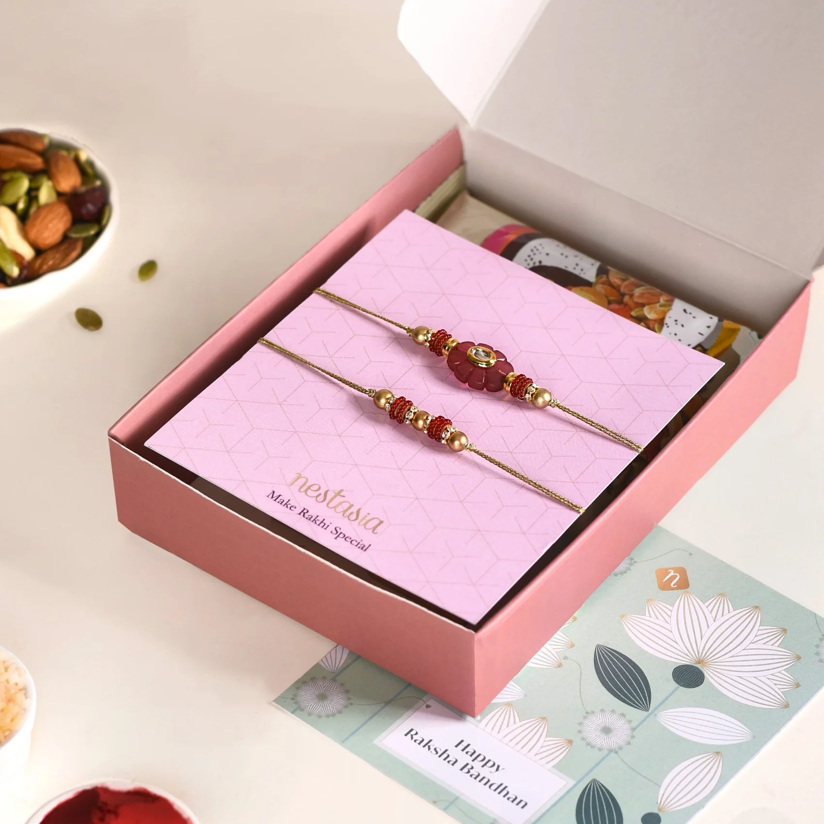 Maroon Bloom Rakhi Set Of 4 With Box And Card - Image 2