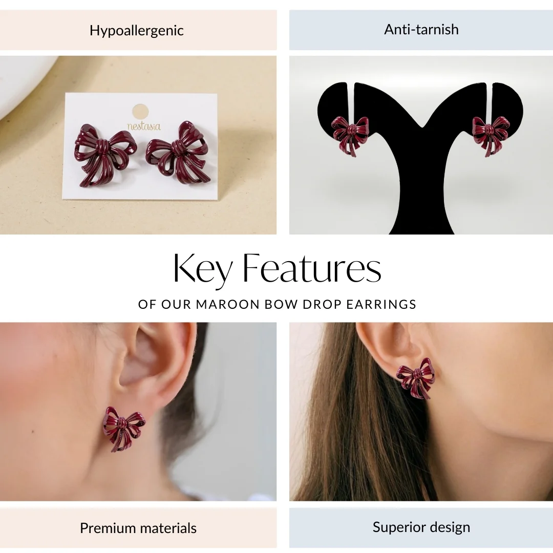Maroon Bow Drop Earrings - Image 4