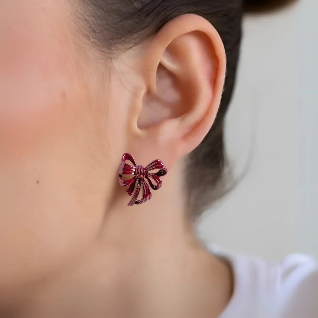 Maroon Bow Drop Earrings - Image 5