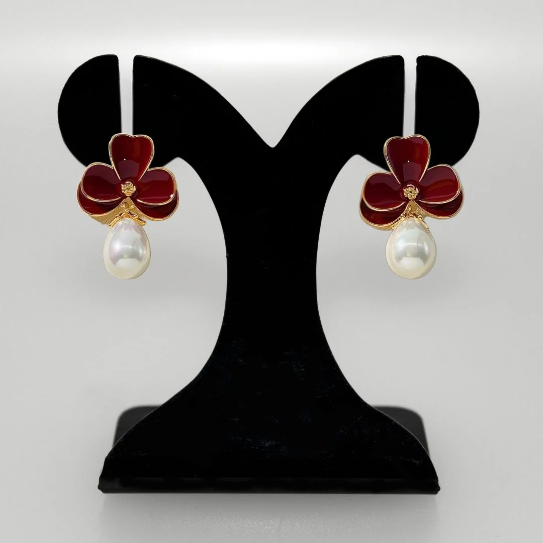 Maroon Pearl Drop Earrings - Image 6