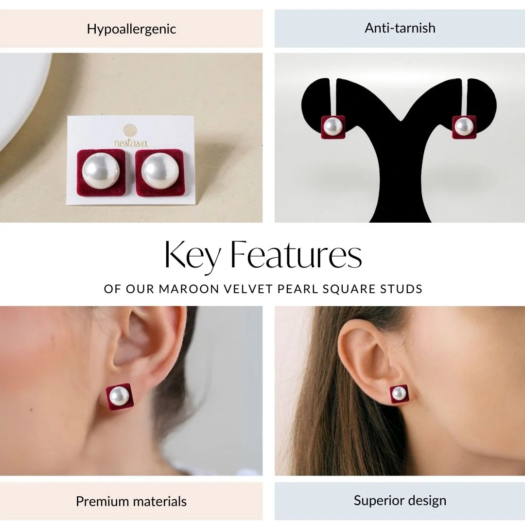 Maroon Velvet Pearl Square Studs - Image 4