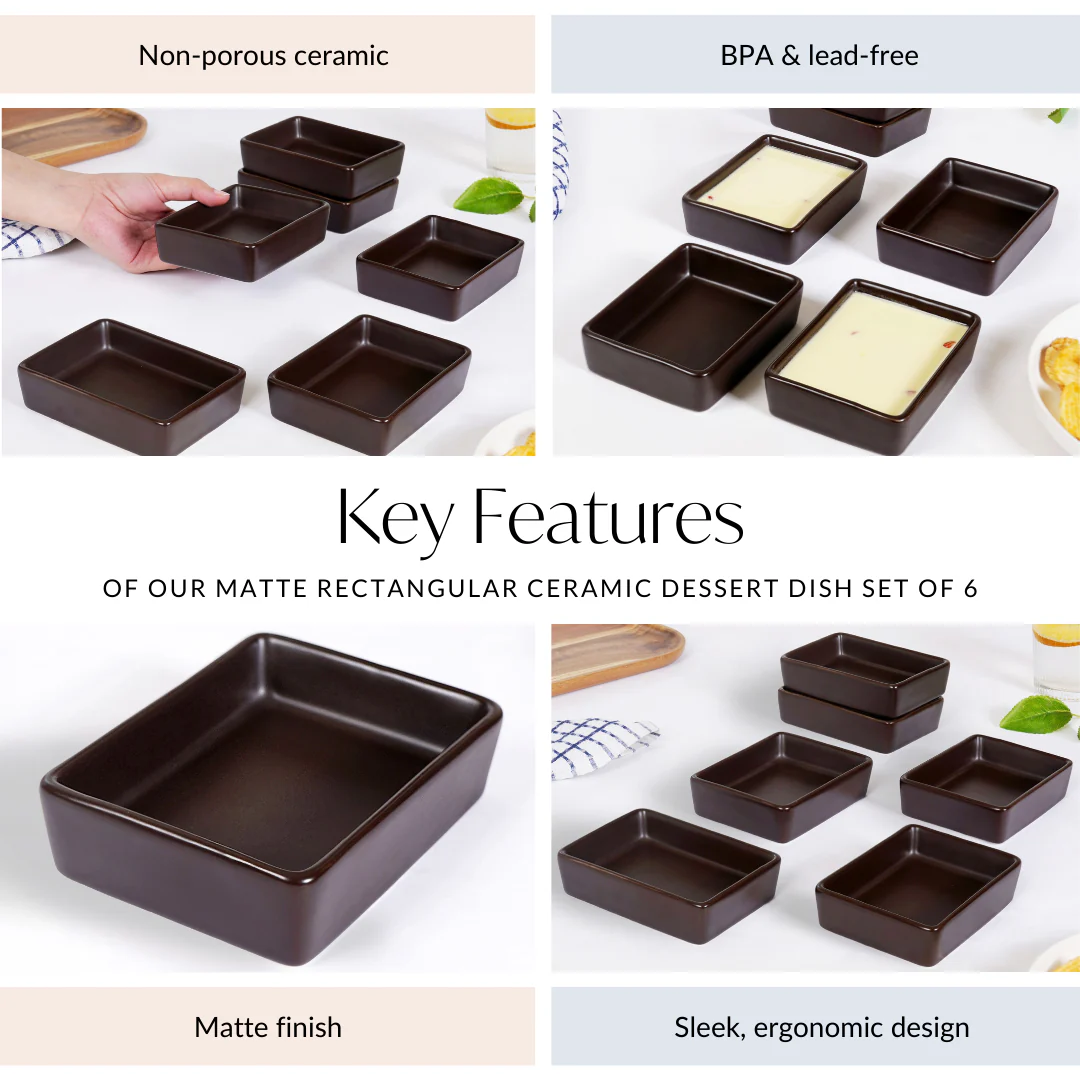 Matte Brown Rectangular Ceramic Dessert Dish Set Of 6 - Image 5