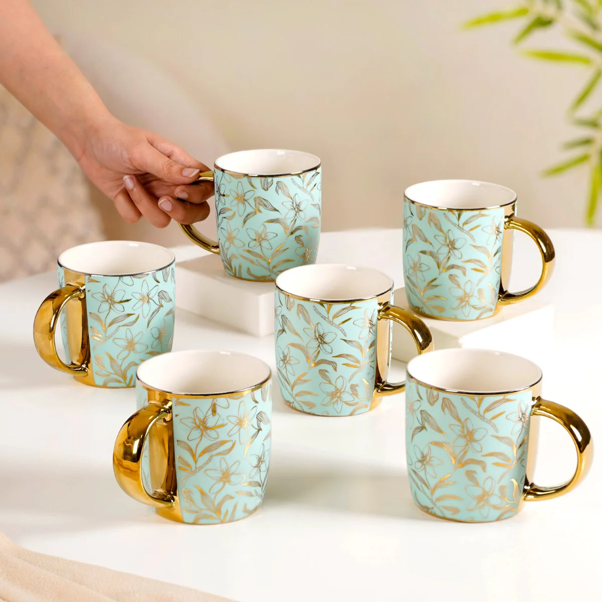 Matte Mint Gold Floral Coffee Cup Set of 6 350ml - Image 2