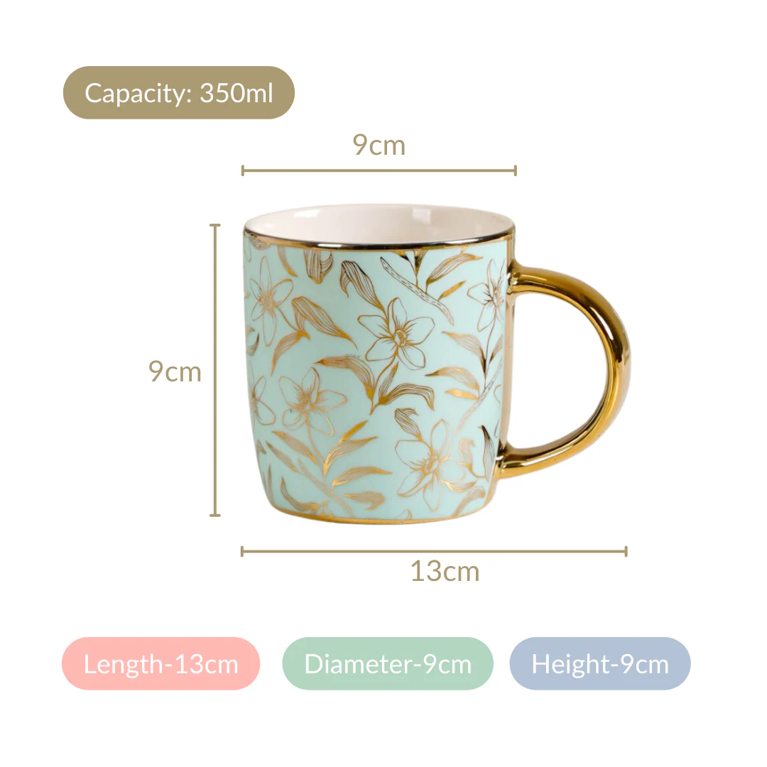 Matte Mint Gold Floral Coffee Cup Set of 6 350ml - Image 6
