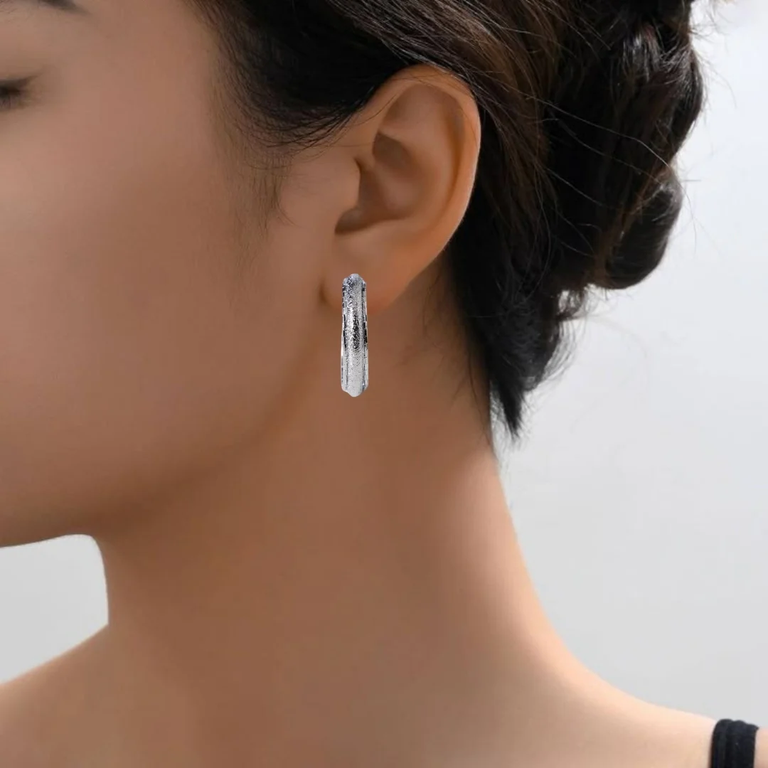 Matte Textured Sleek Metal Hoops Silver - Image 5