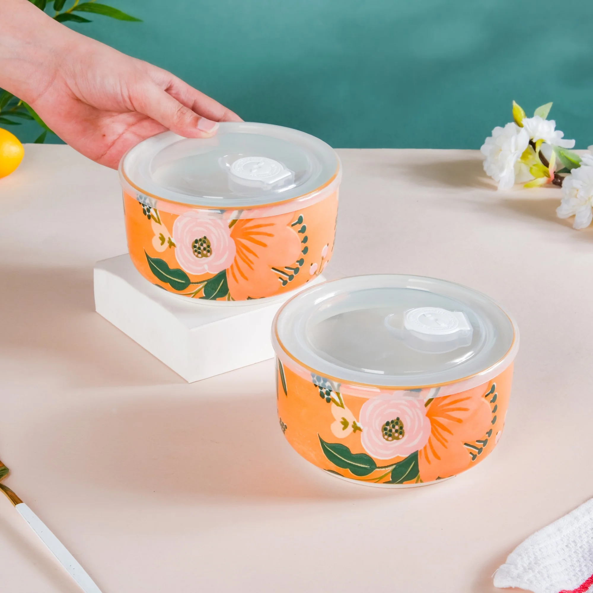 Meadow Muse Ceramic Lunch Box Orange 550 ml Set Of 2 - Image 2