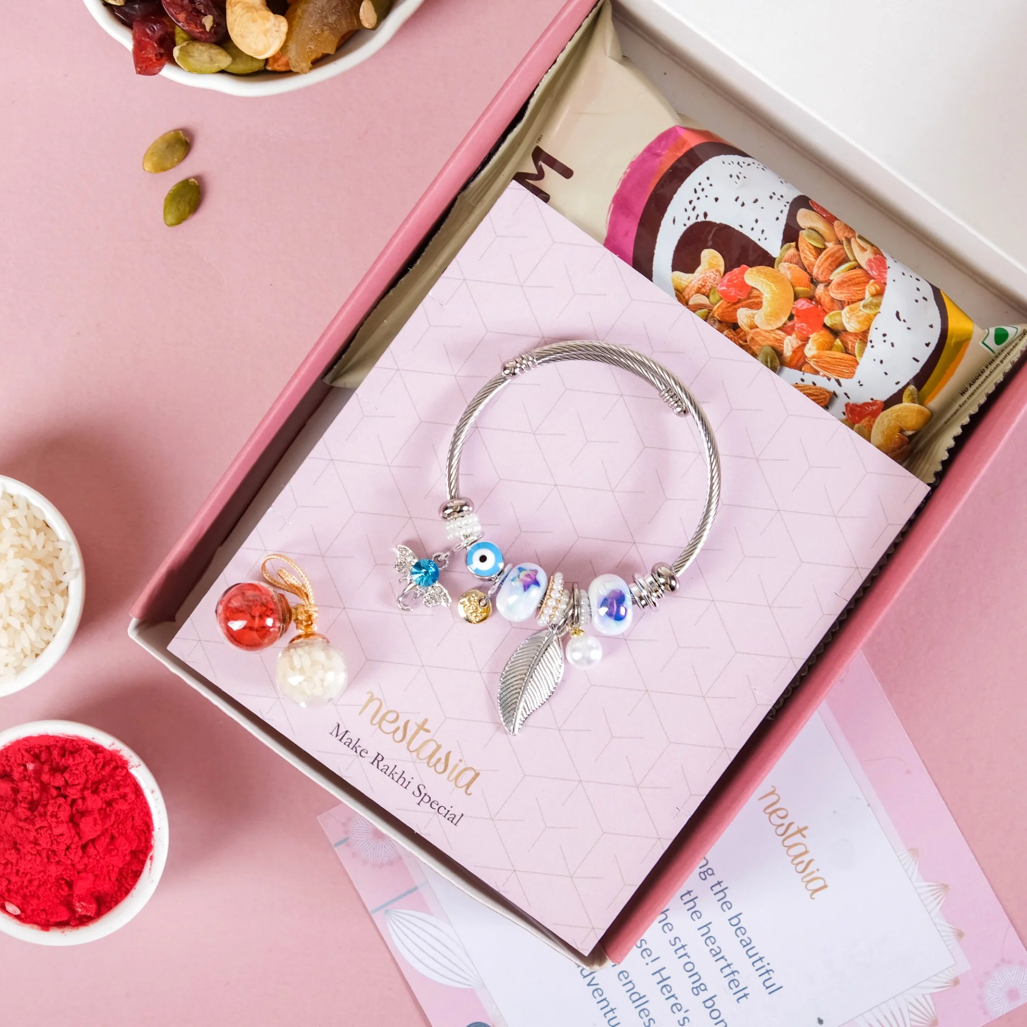 Metal Charm Bracelet Rakhi For Sister Set Of 3 With Gift Box And Card - Image 6