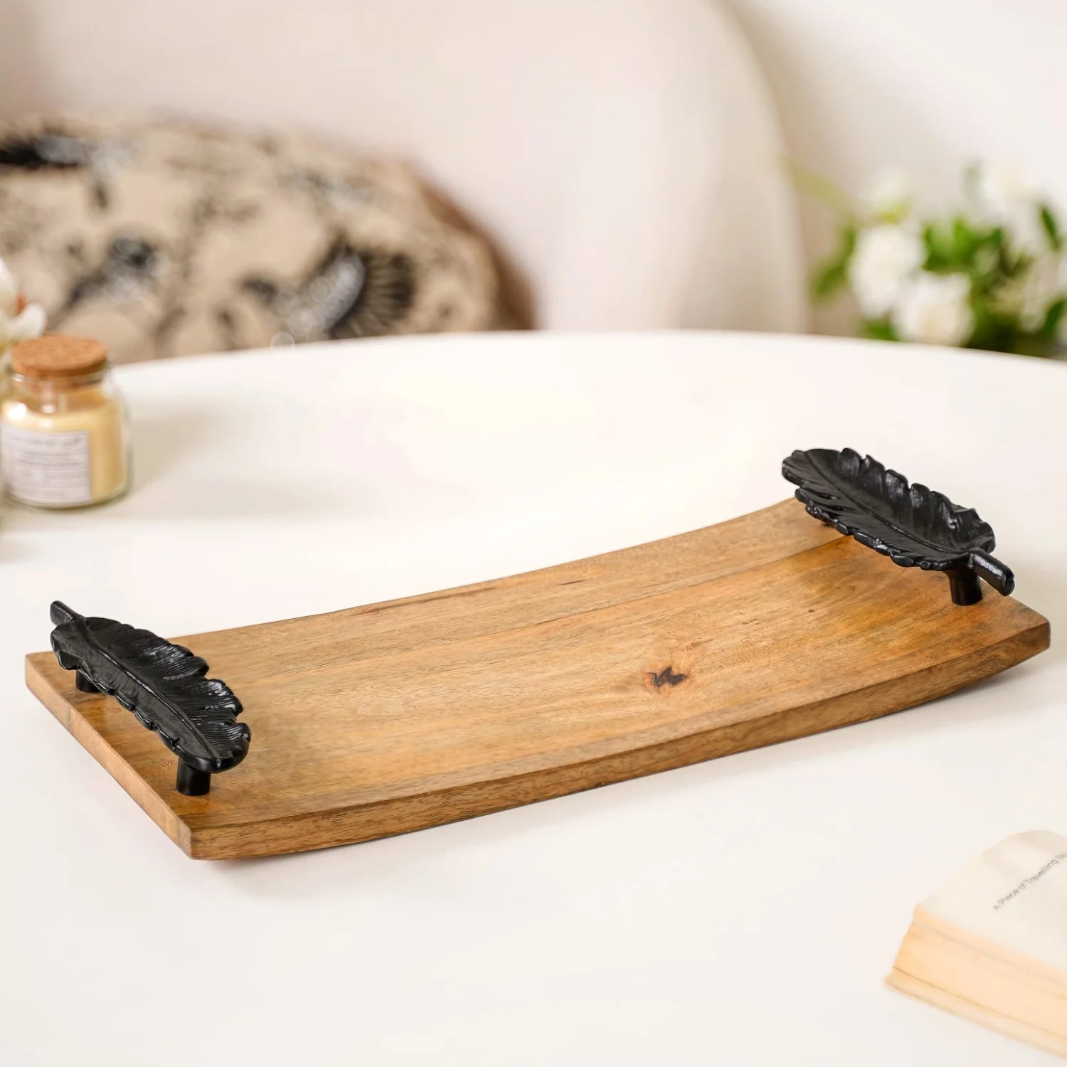 Metal Feather Handle Wooden Tray 15x7 Inch - Image 7