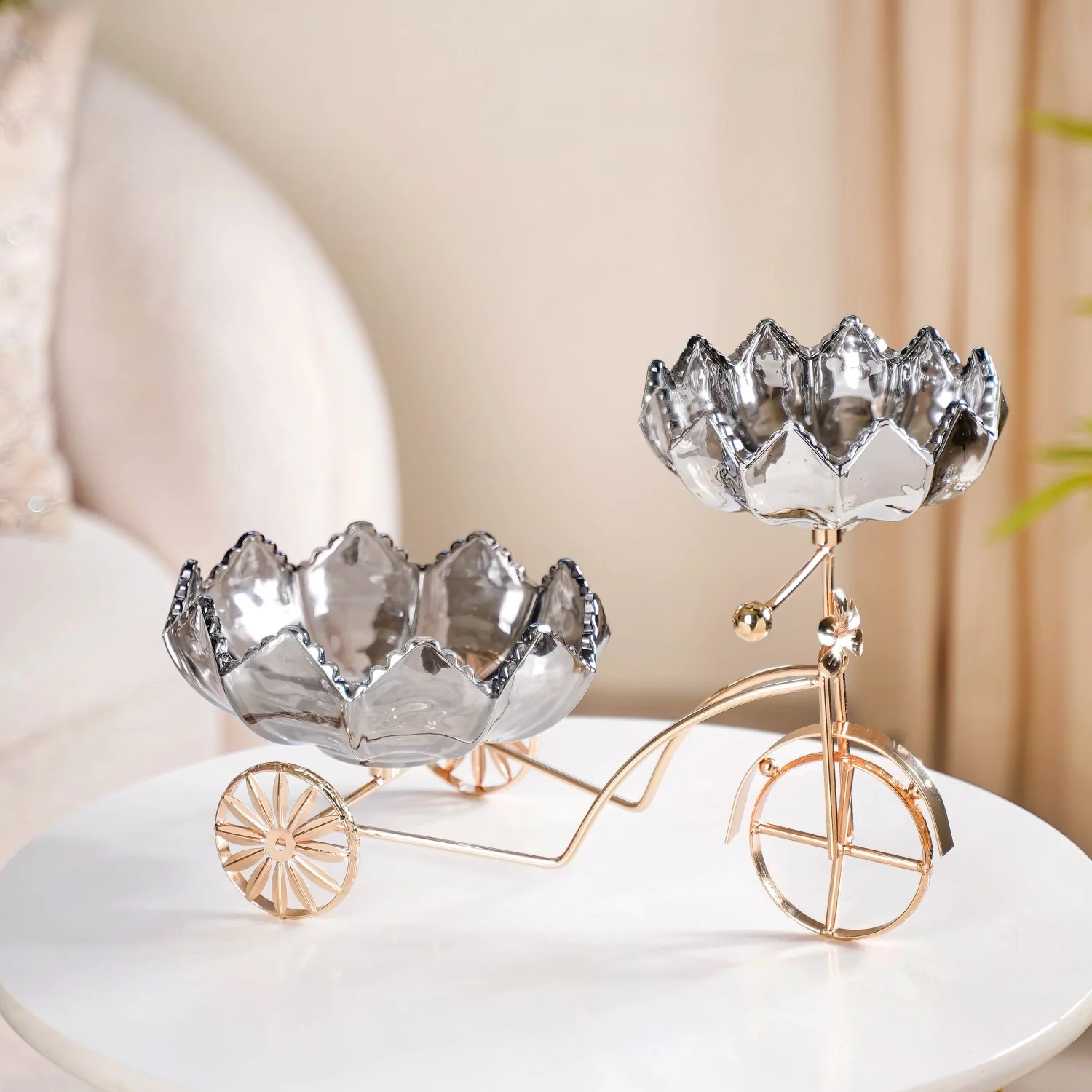 Metal Tricycle Stand With Decorative Glass Bowls - Image 3