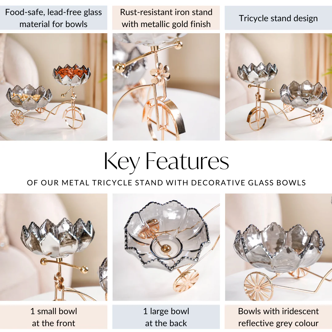 Metal Tricycle Stand With Decorative Glass Bowls - Image 5