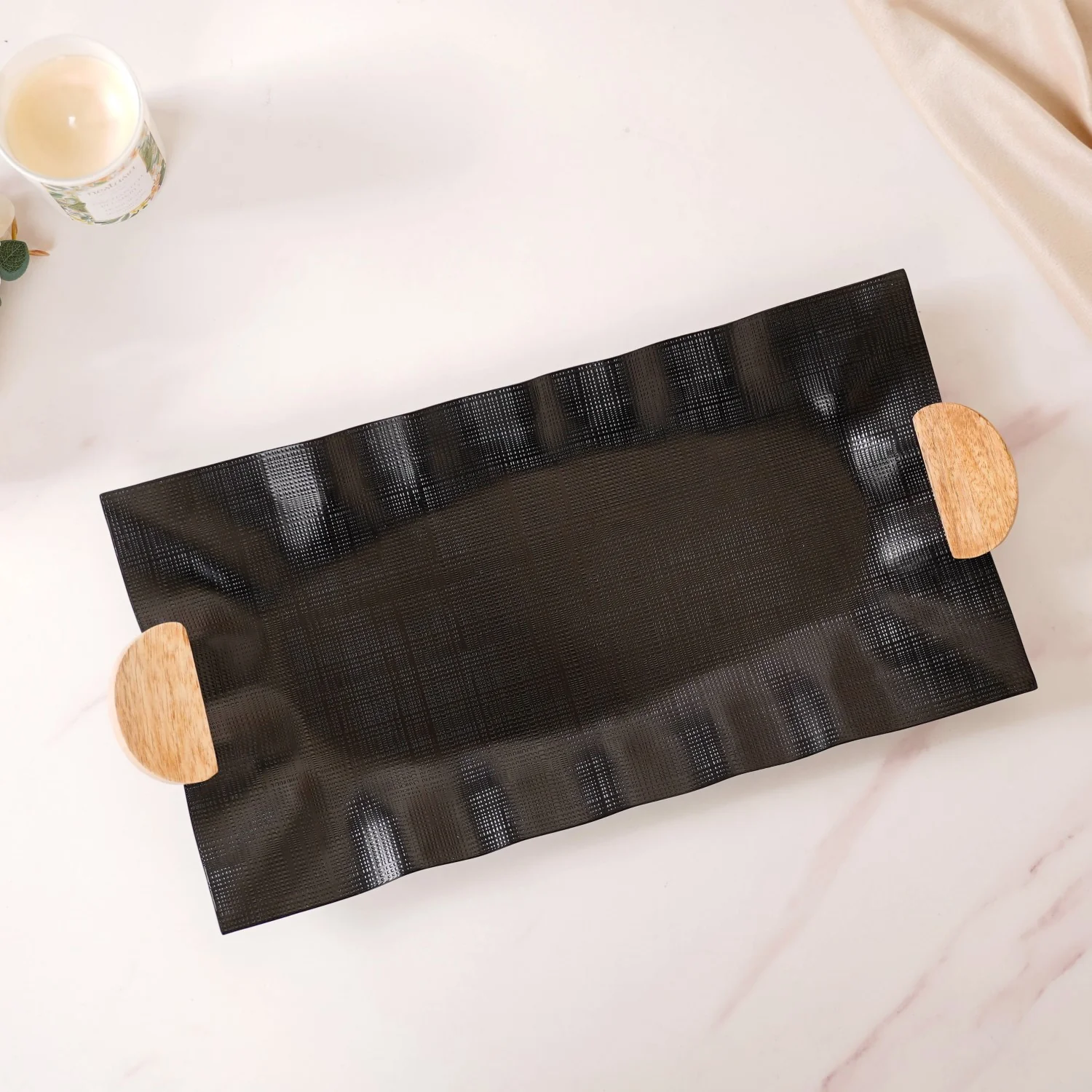Metal Wood Fusion Serving Tray Black 17x8 Inch - Image 7