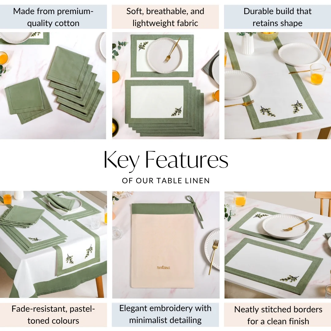 Midori Complete Table Linen Set With Mats Napkins Runners And Table Cloth In Sage Green - Image 4