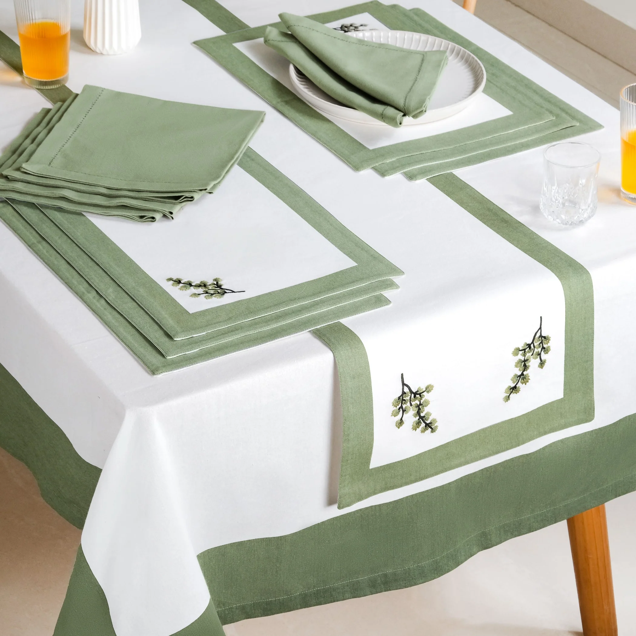 Midori Complete Table Linen Set With Mats Napkins Runners And Table Cloth In Sage Green - Image 8