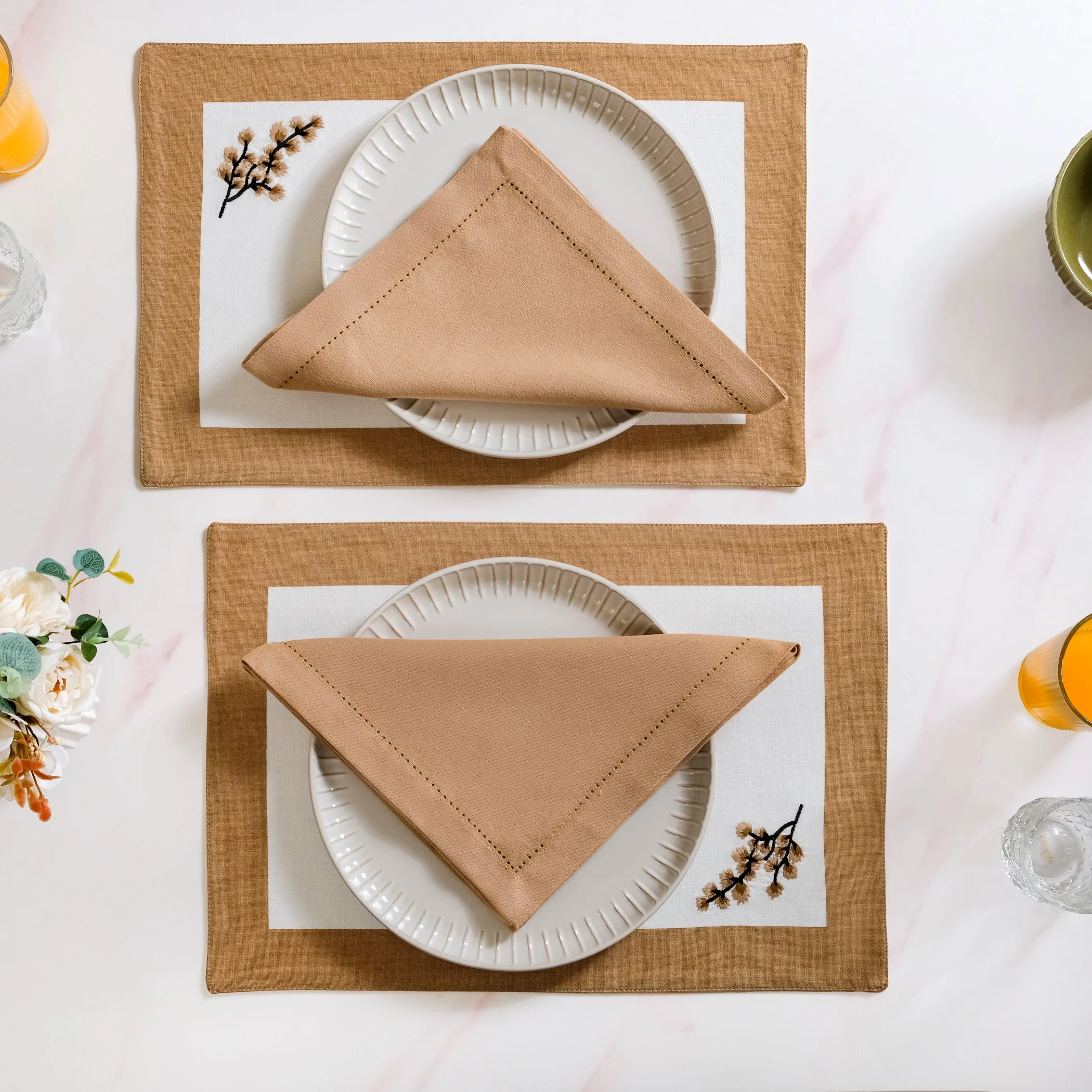 Midori Embroidered Placemats And Napkins Table Set Of 12 In Brown - Image 2