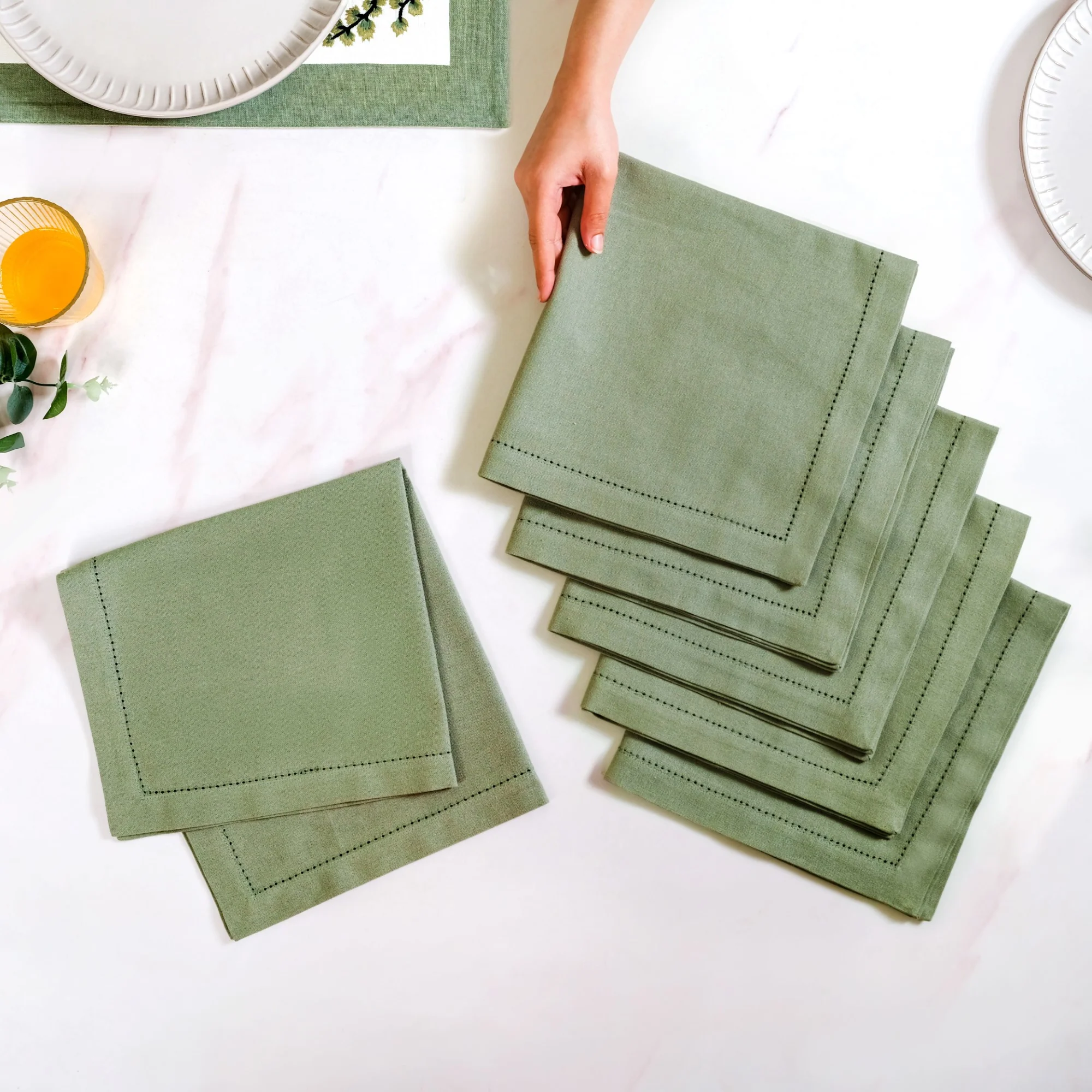 Midori Premium Cotton Hemstitched Dinner Napkins Set Of 6 In Sage Green - Image 2