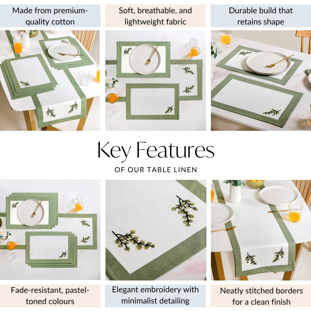 Midori Pure Cotton Table Runner And Placemat Set Of 7 Sage Green - Image 4