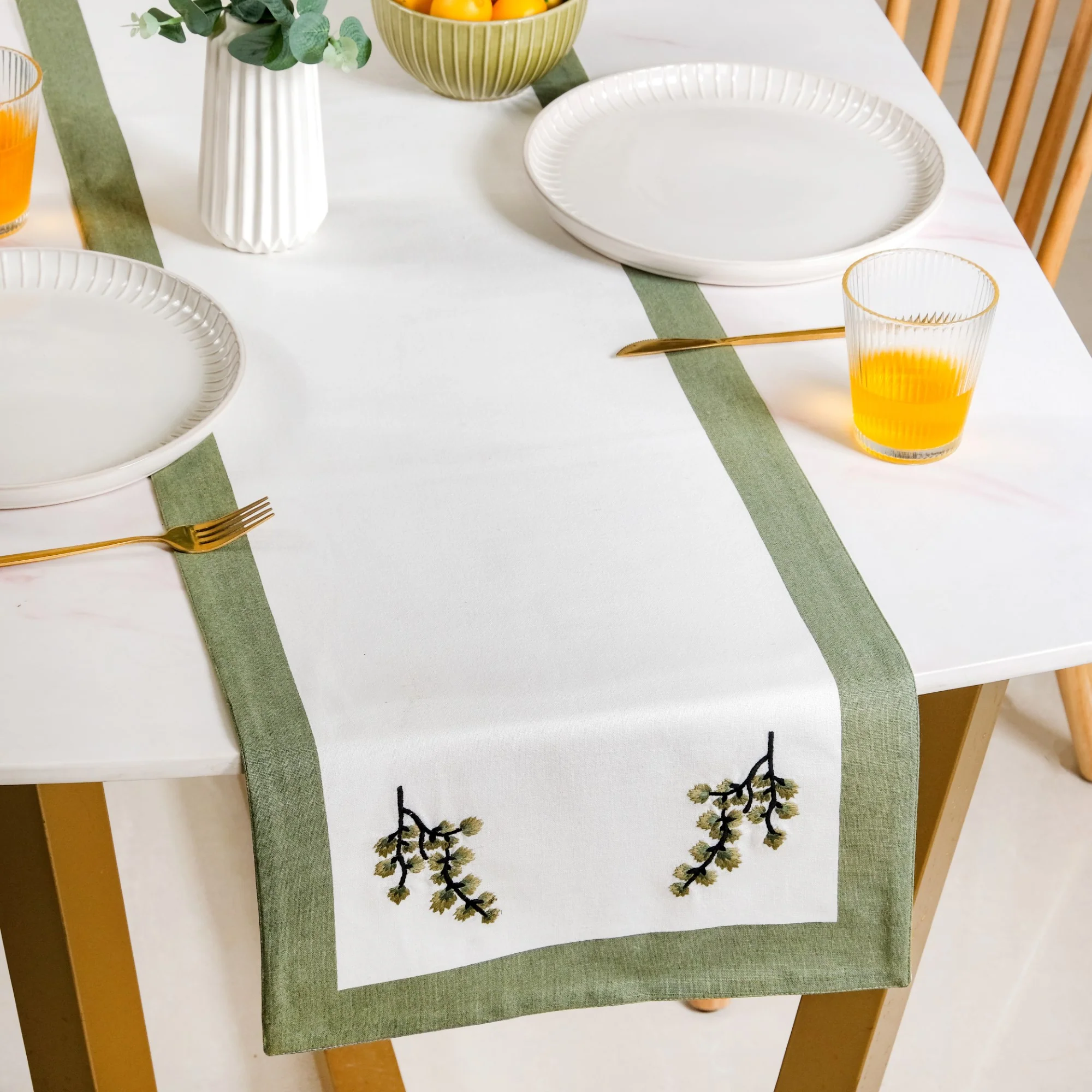 Midori Pure Cotton Table Runner And Placemat Set Of 7 Sage Green - Image 6