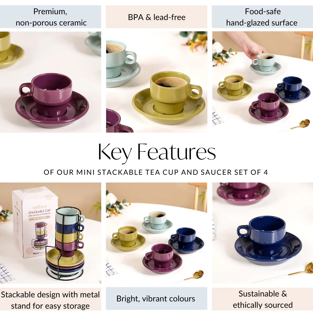 Mini Stackable Tea Cup And Saucer Set Of 4 Multicolour 90ml - Image 5