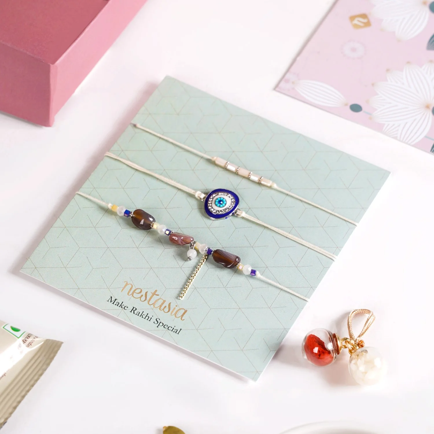 Minimal Evil Eye Rakhi Gift Set Of 5 With Box And Card - Image 3