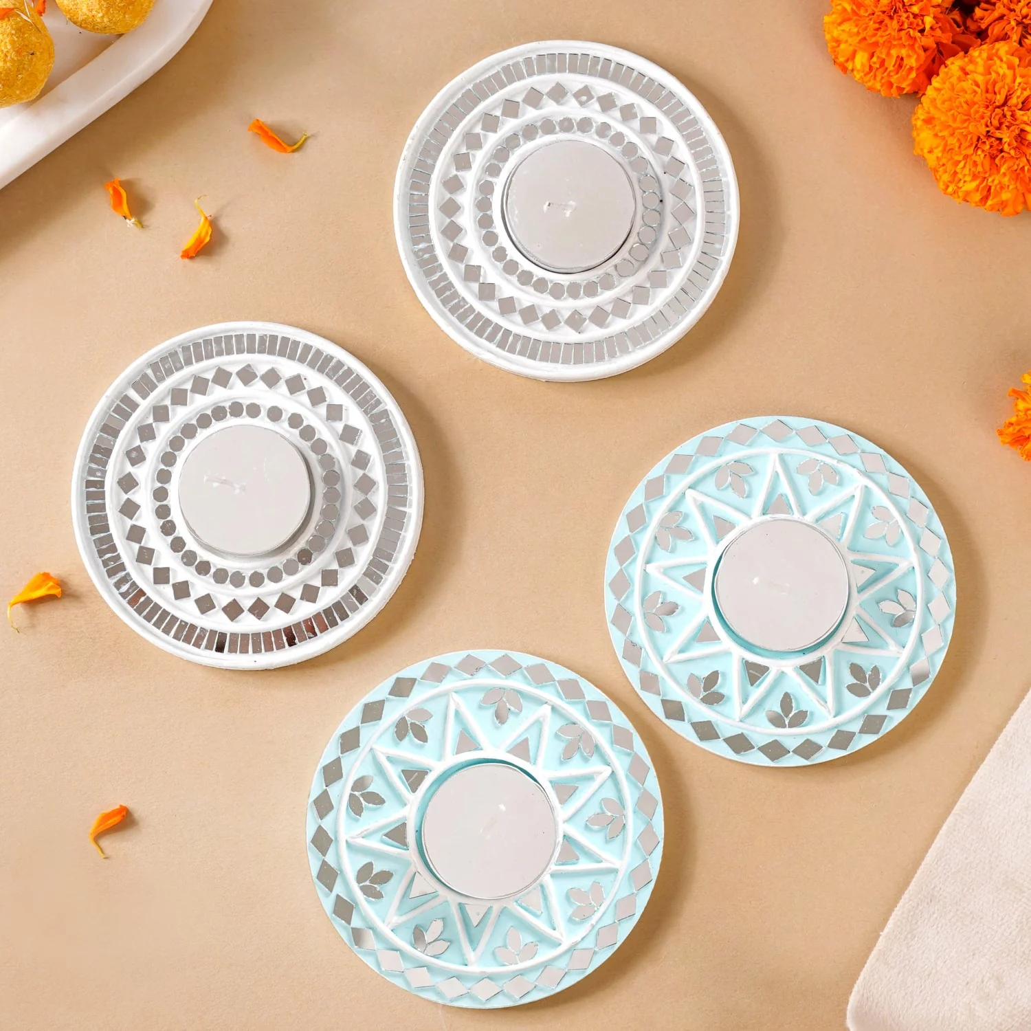 Minimalistic Tealight Candle Holder With Lippan Art Set Of 4 - Image 3